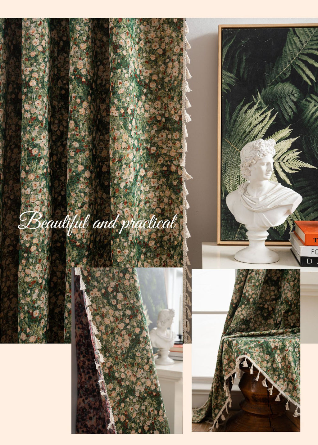 French Curtain Retro Style Thickened Green Floral Curtain Finished Semi-Shaded Green Monet Oil Painting