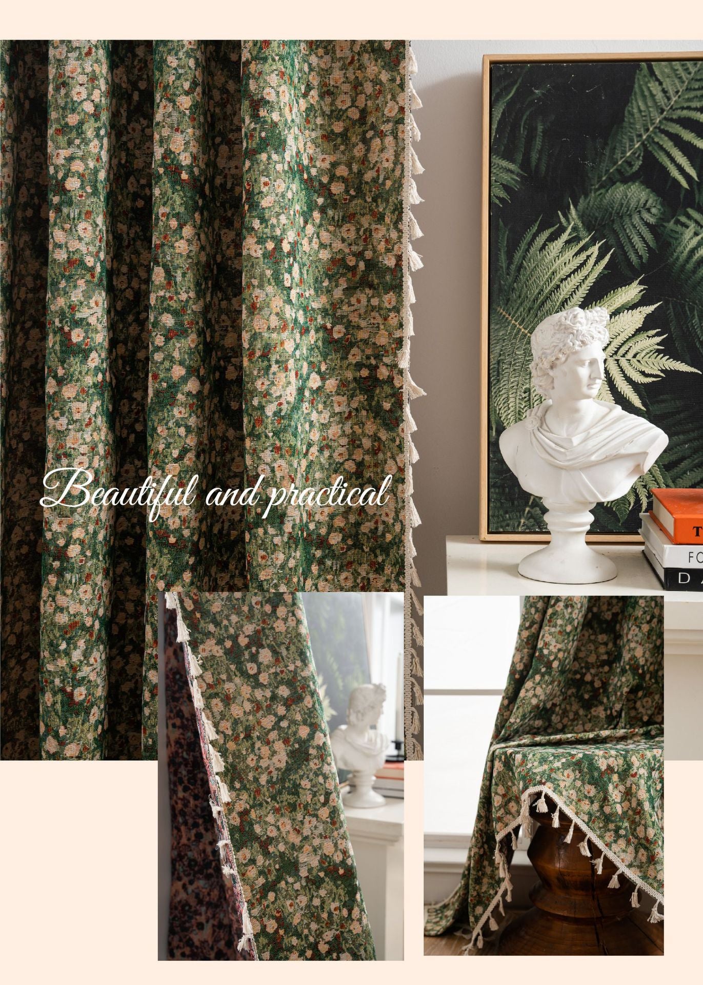 French Curtain Retro Style Thickened Green Floral Curtain Finished Semi-Shaded Green Monet Oil Painting