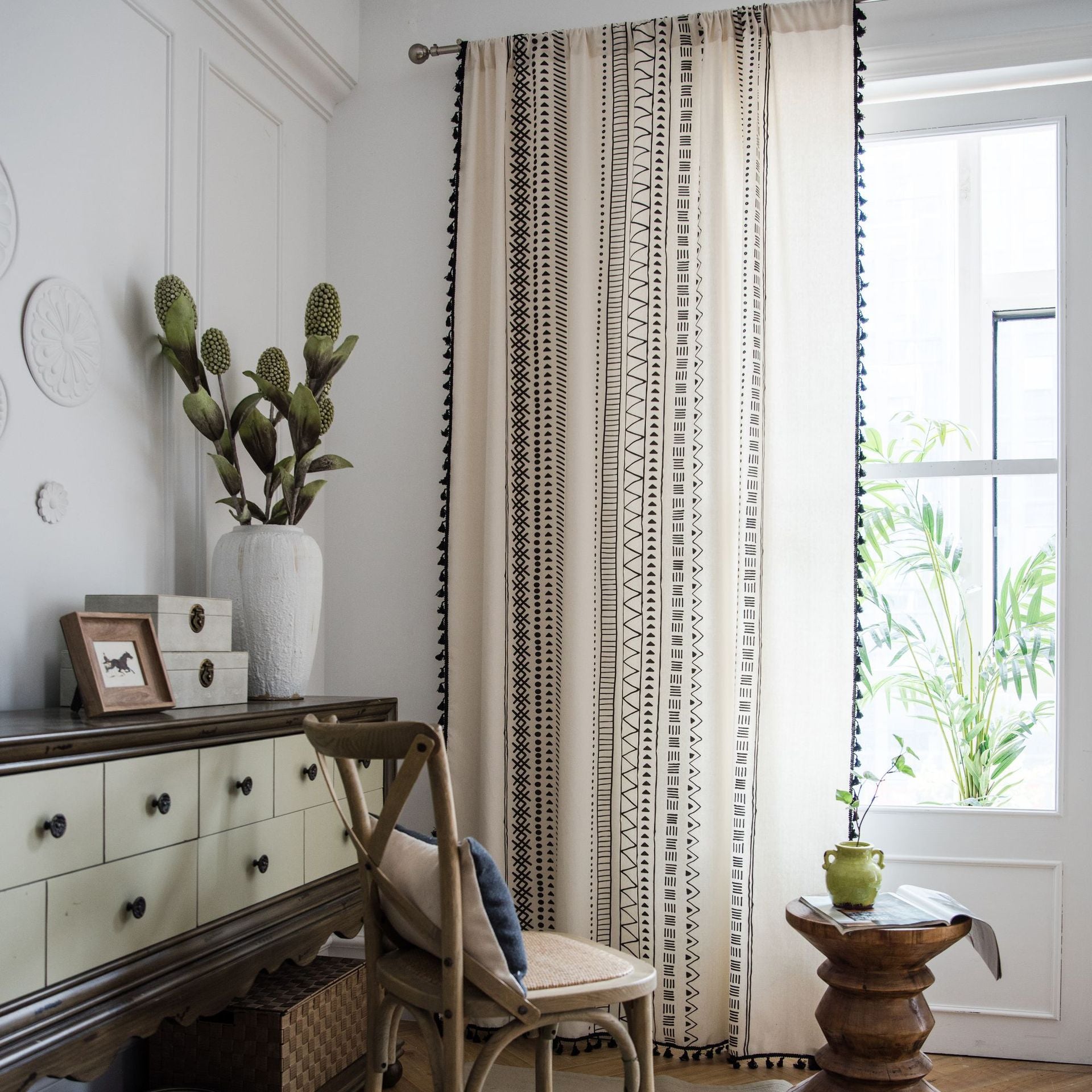 Curtain Finished Cotton and Linen Kitchen Curtain Bohemian Style Black and White Printed Bay Window Curtain