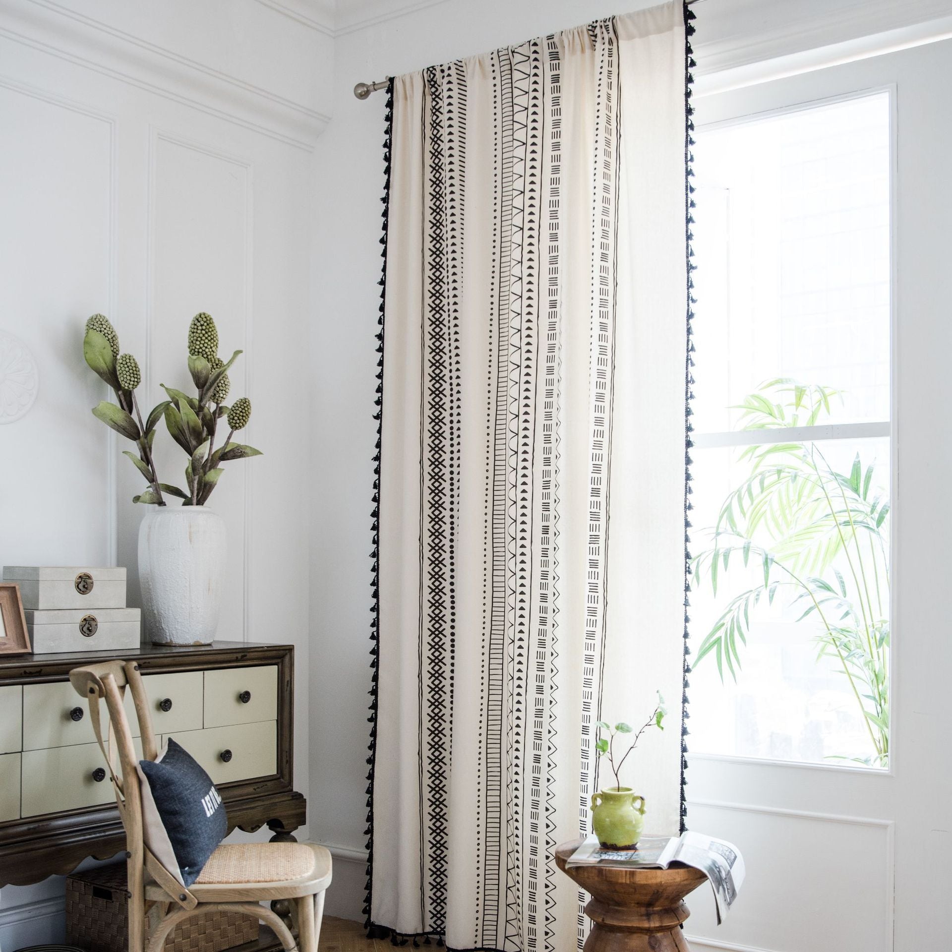 Curtain Finished Cotton and Linen Kitchen Curtain Bohemian Style Black and White Printed Bay Window Curtain