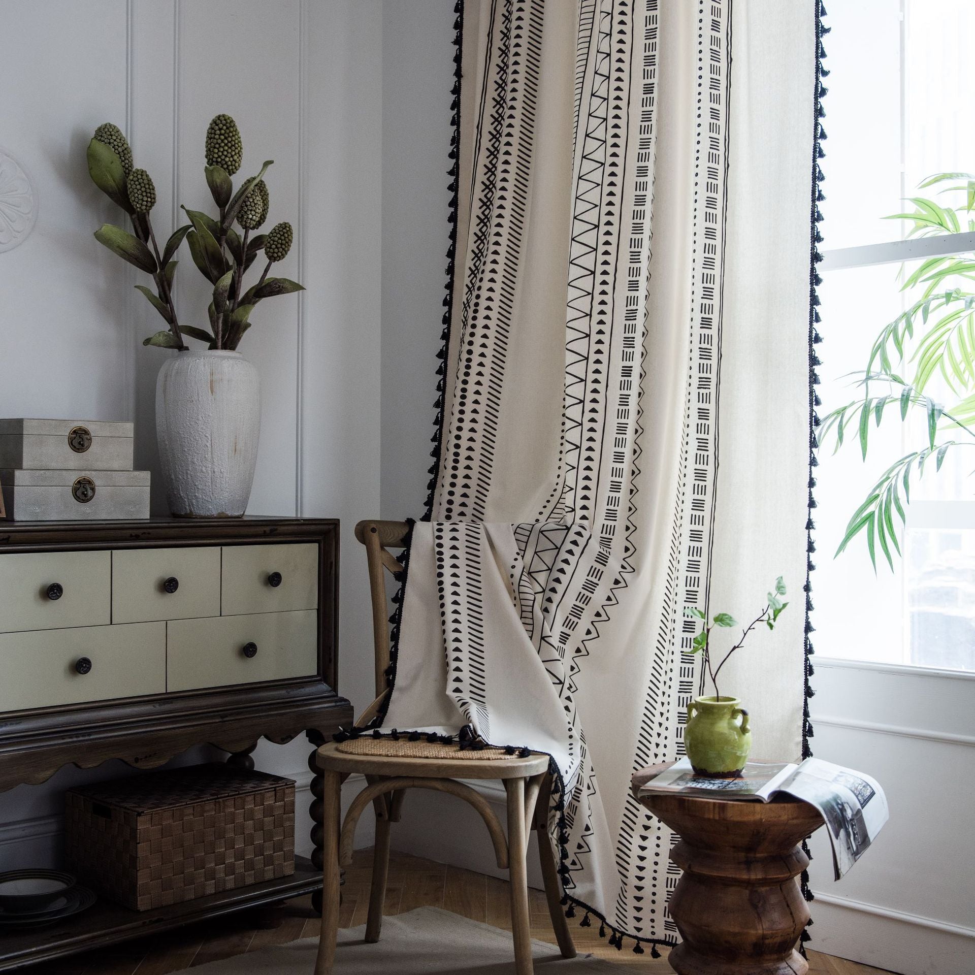 Curtain Finished Cotton and Linen Kitchen Curtain Bohemian Style Black and White Printed Bay Window Curtain