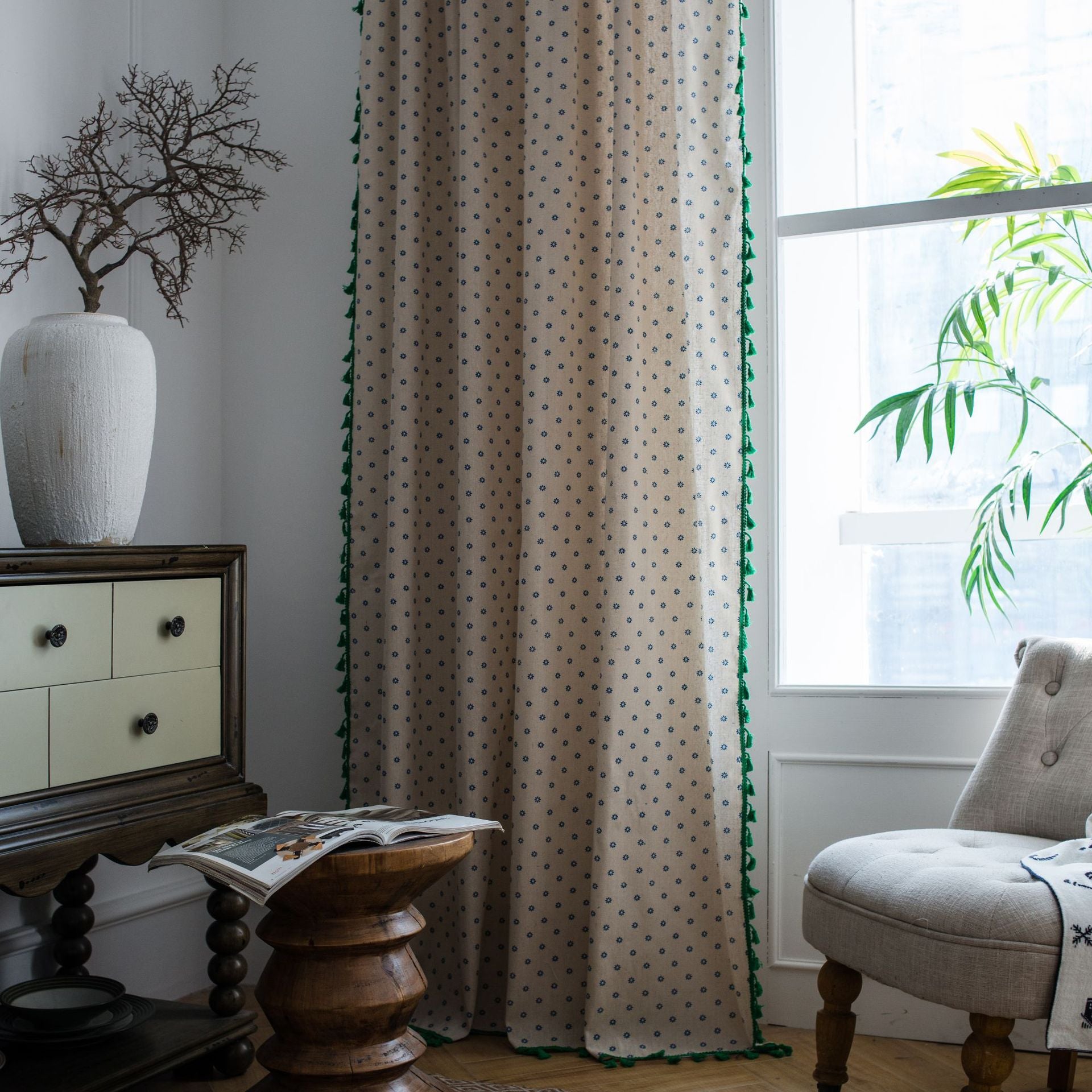 Curtain finished small daisy printed tassel American small window kitchen curtain cotton and linen semi-shading bay window factory outlet