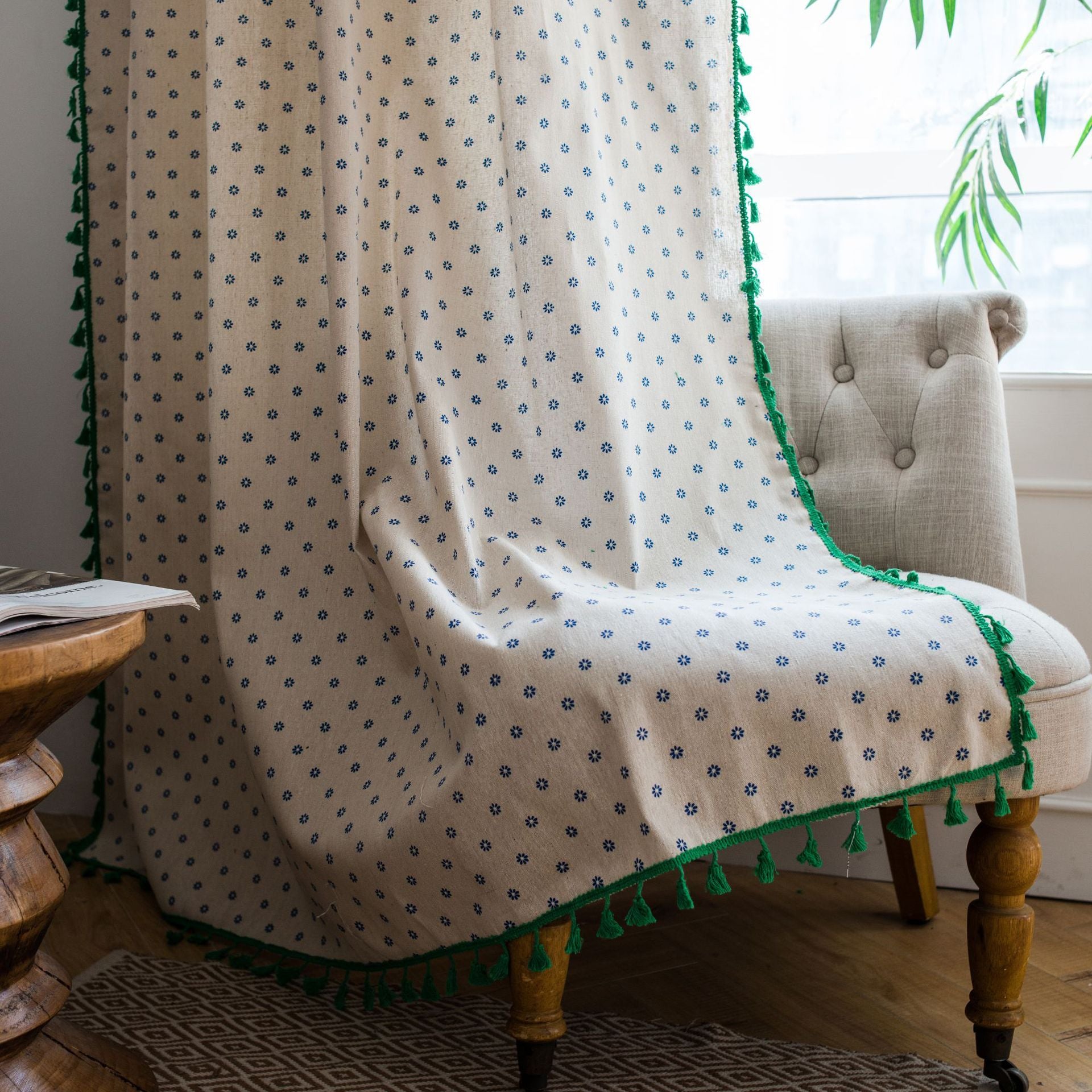 Curtain finished small daisy printed tassel American small window kitchen curtain cotton and linen semi-shading bay window factory outlet