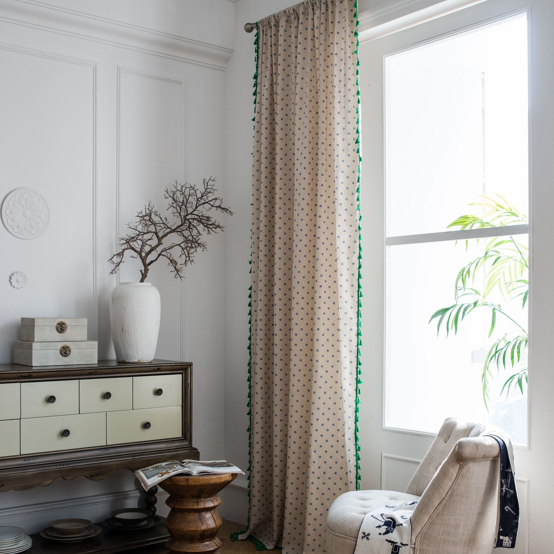 Curtain finished small daisy printed tassel American small window kitchen curtain cotton and linen semi-shading bay window factory outlet