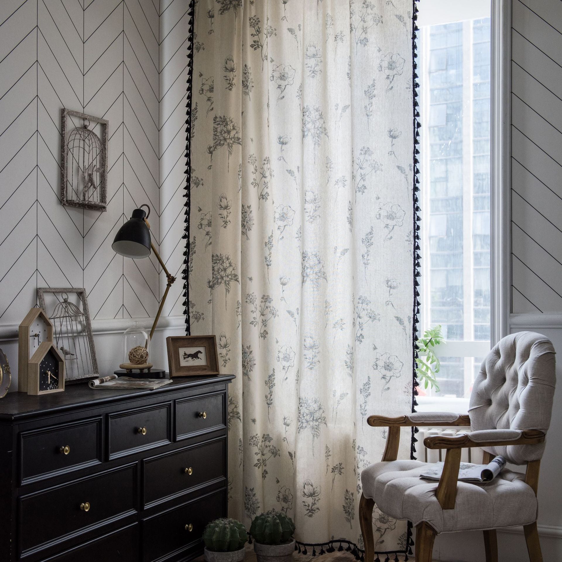 Curtain Shades Grey Flower Print Curtain Finished Black Tassel Pastoral Kitchen Curtain Floating Window Curtain