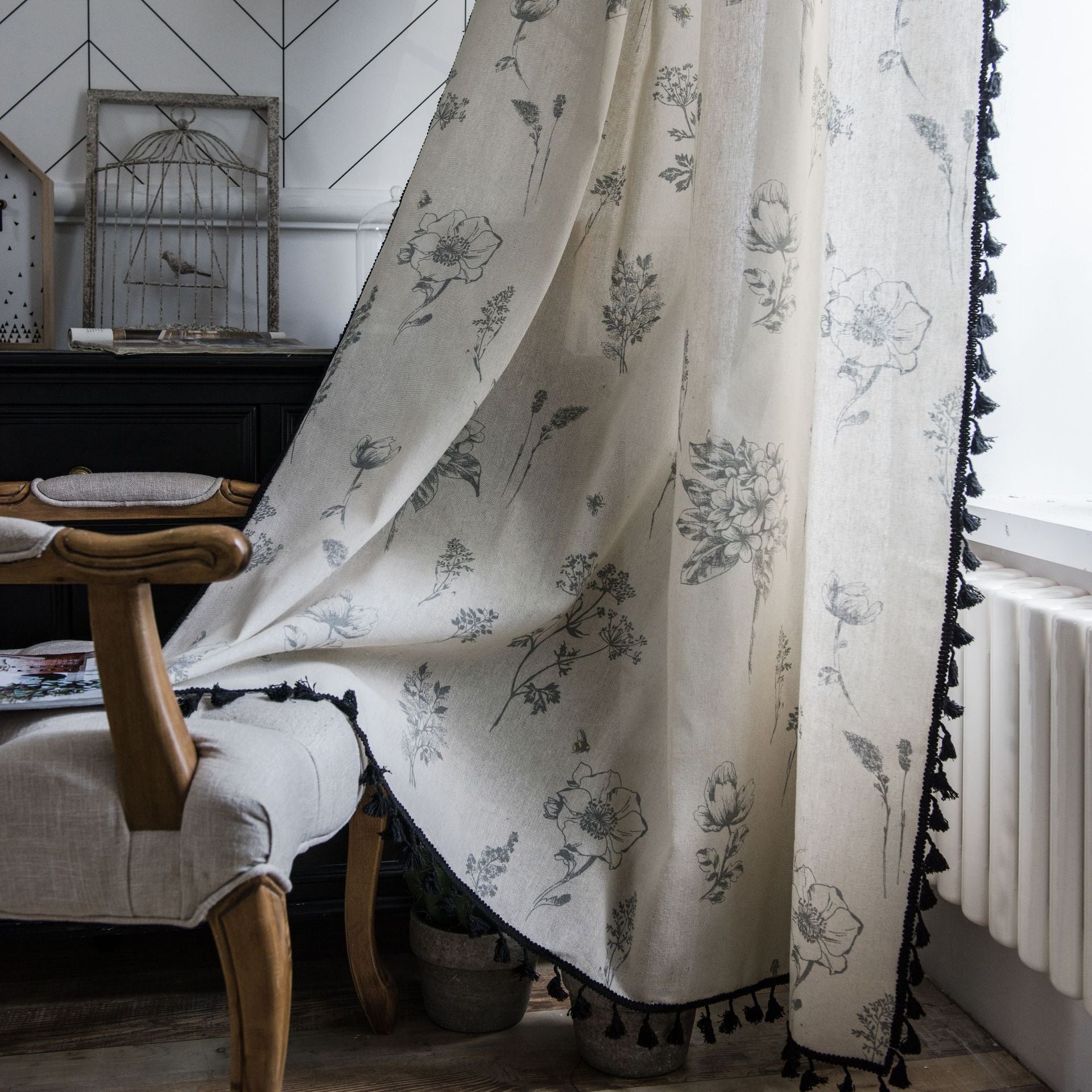 Curtain Shades Grey Flower Print Curtain Finished Black Tassel Pastoral Kitchen Curtain Floating Window Curtain