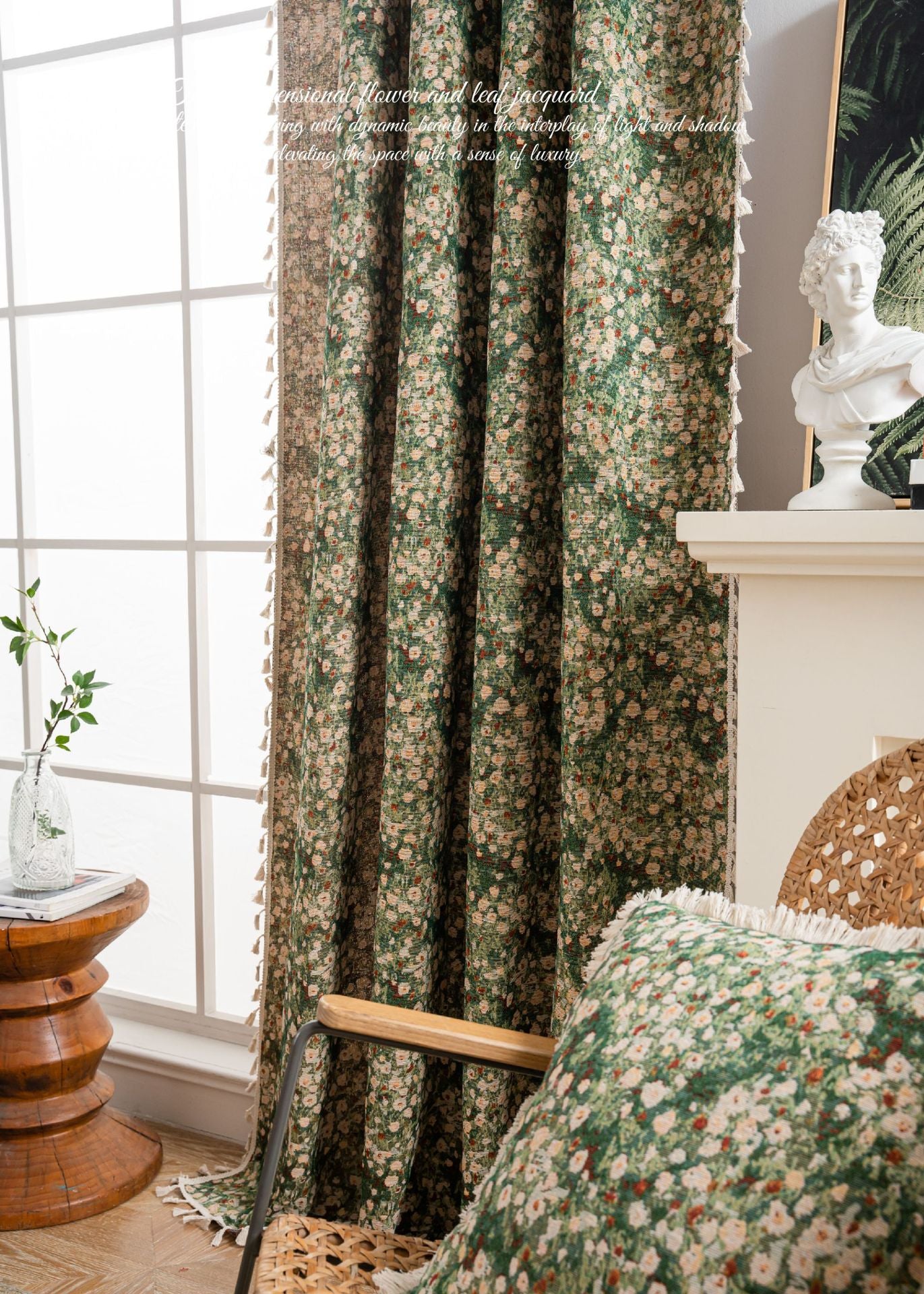 French Curtain Retro Style Thickened Green Floral Curtain Finished Semi-Shaded Green Monet Oil Painting