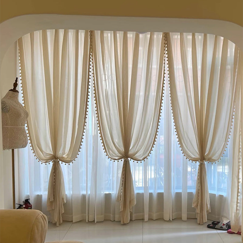 French double-layer cream color linen yarn balcony living room curtain semi-shading transparent gauze curtain floor window