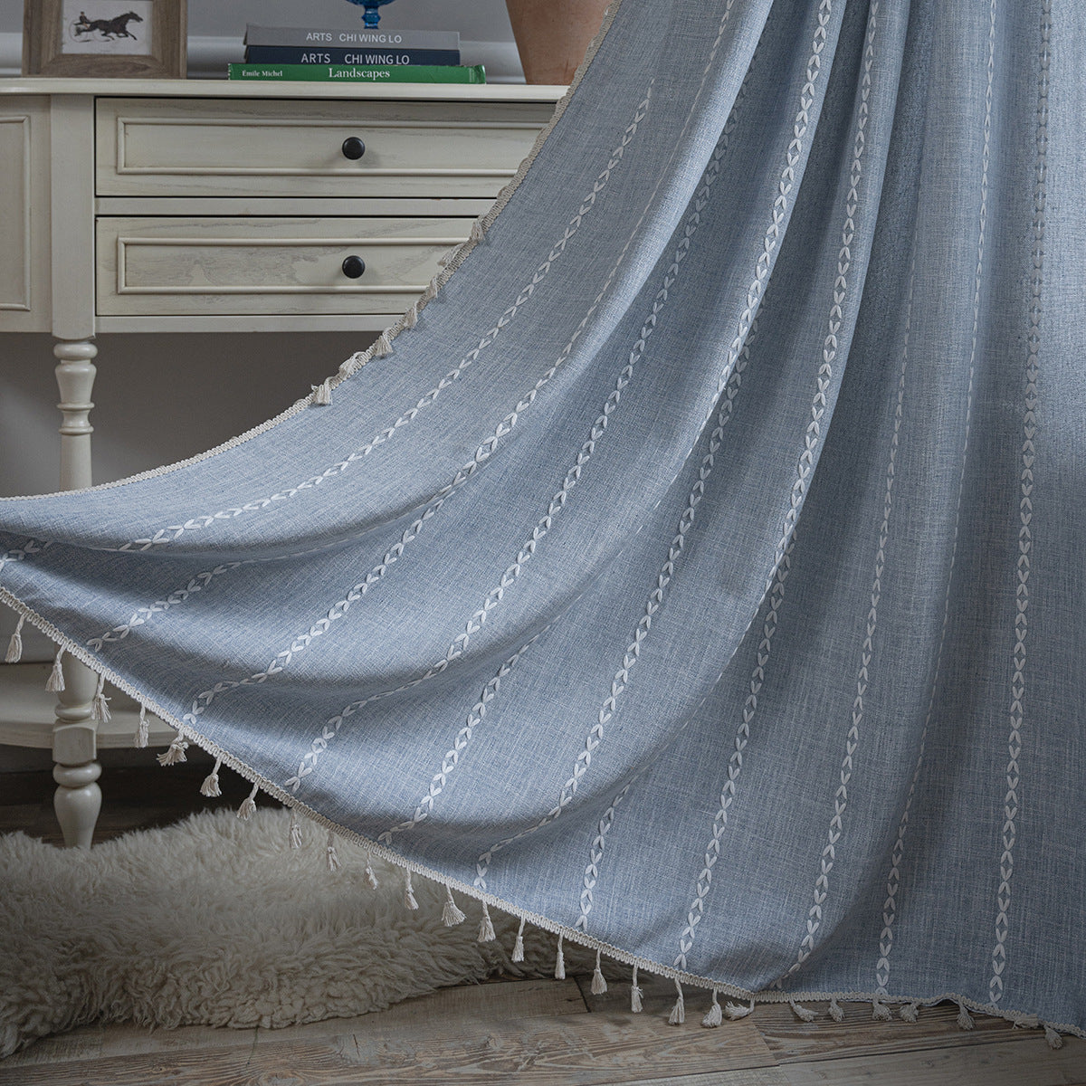 Bay Window Curtain Finished Green Contrasting Color Blocking Curtain Semi-shading Tassel Embroidered Door Curtain Bedroom Rural Style