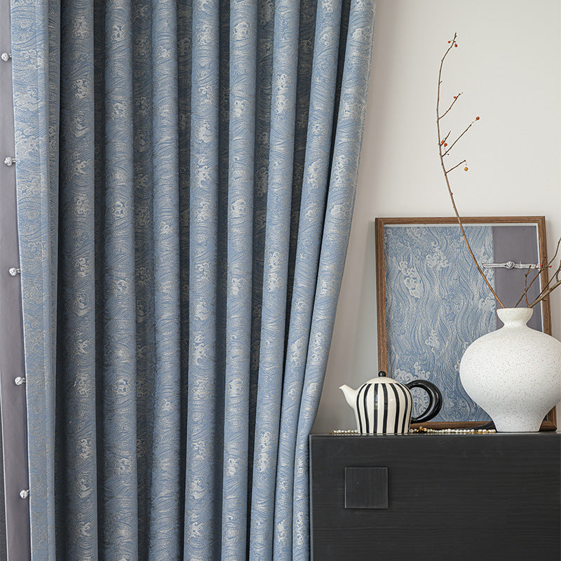 New Chinese Moire Wave Roll Texture Gray Blue High-end Living Room Bedroom Curtain High Temperature Sizing Package Installation