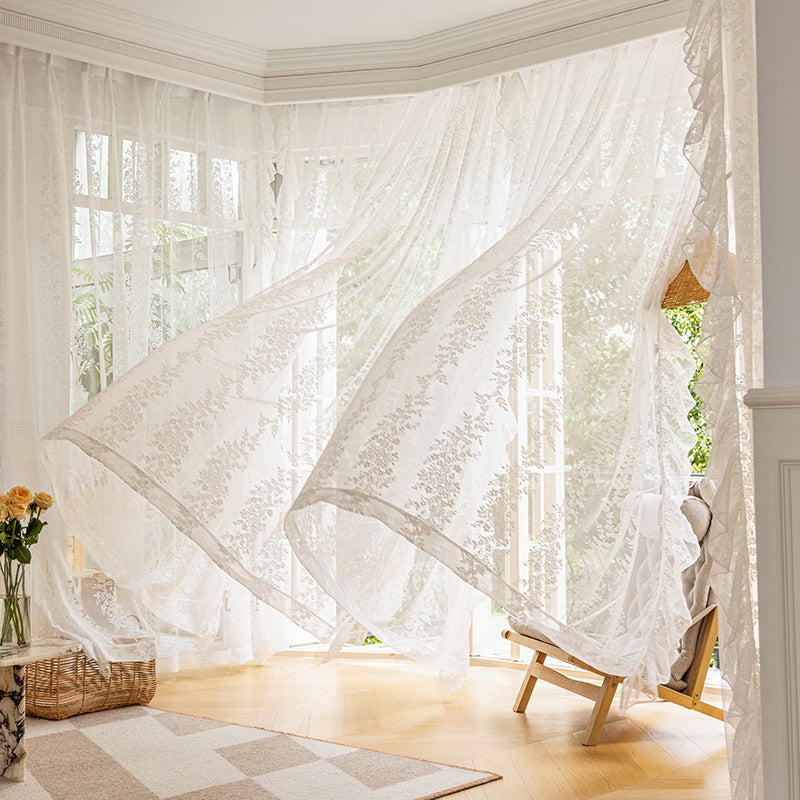 Flowers like brocade new lace gauze curtain transparent window screen bedroom light luxury high-end French bay window balcony window