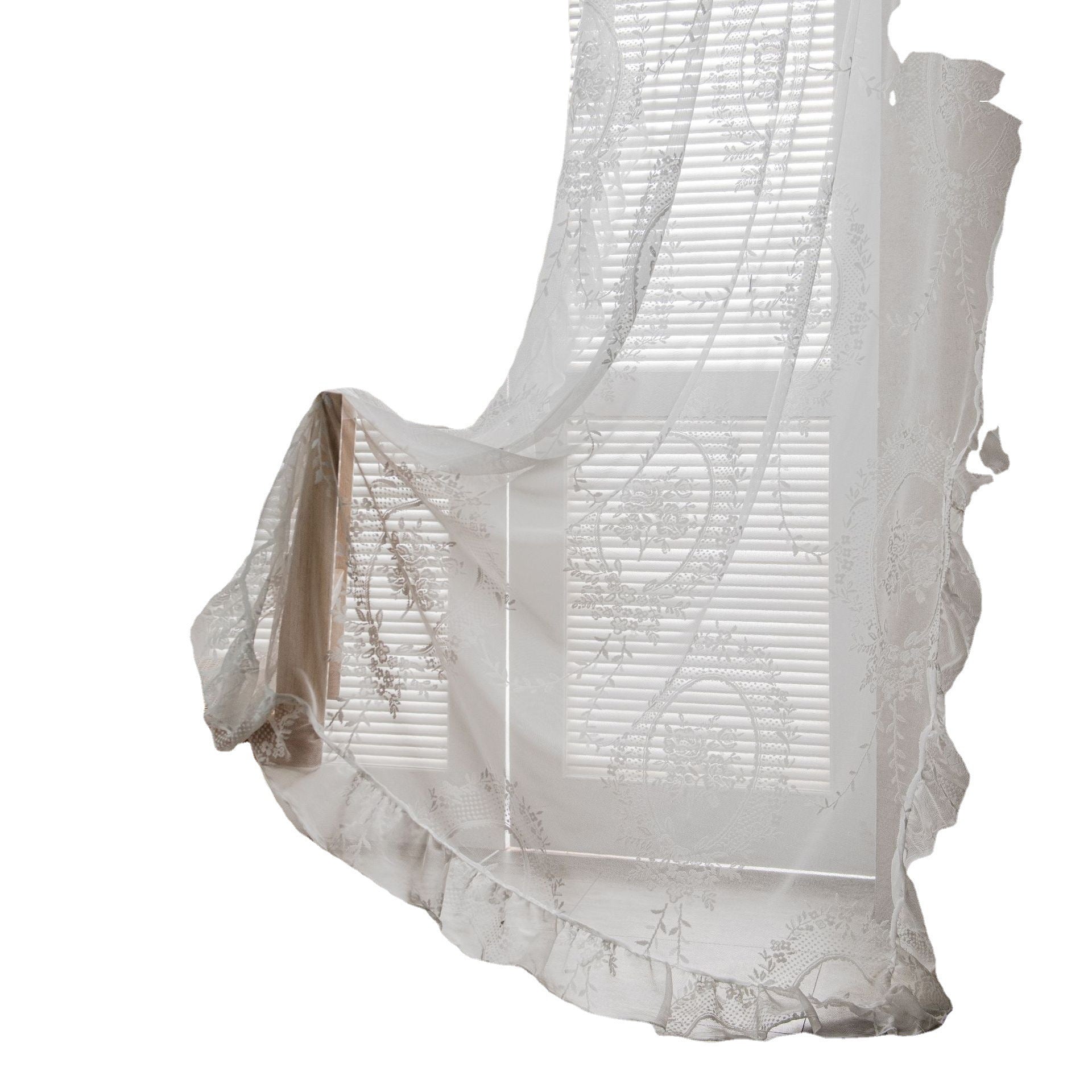 Retro Transparent Lace Gauze Curtain Ruffled Balcony Bay Window White Sand Partition Wave Pastoral Curtain