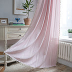 Bay Window Curtain Finished Green Contrasting Color Blocking Curtain Semi-shading Tassel Embroidered Door Curtain Bedroom Rural Style