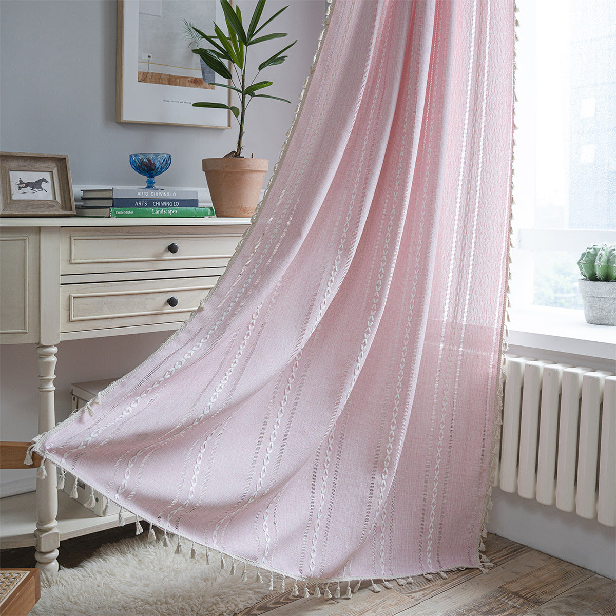 Bay Window Curtain Finished Green Contrasting Color Blocking Curtain Semi-shading Tassel Embroidered Door Curtain Bedroom Rural Style