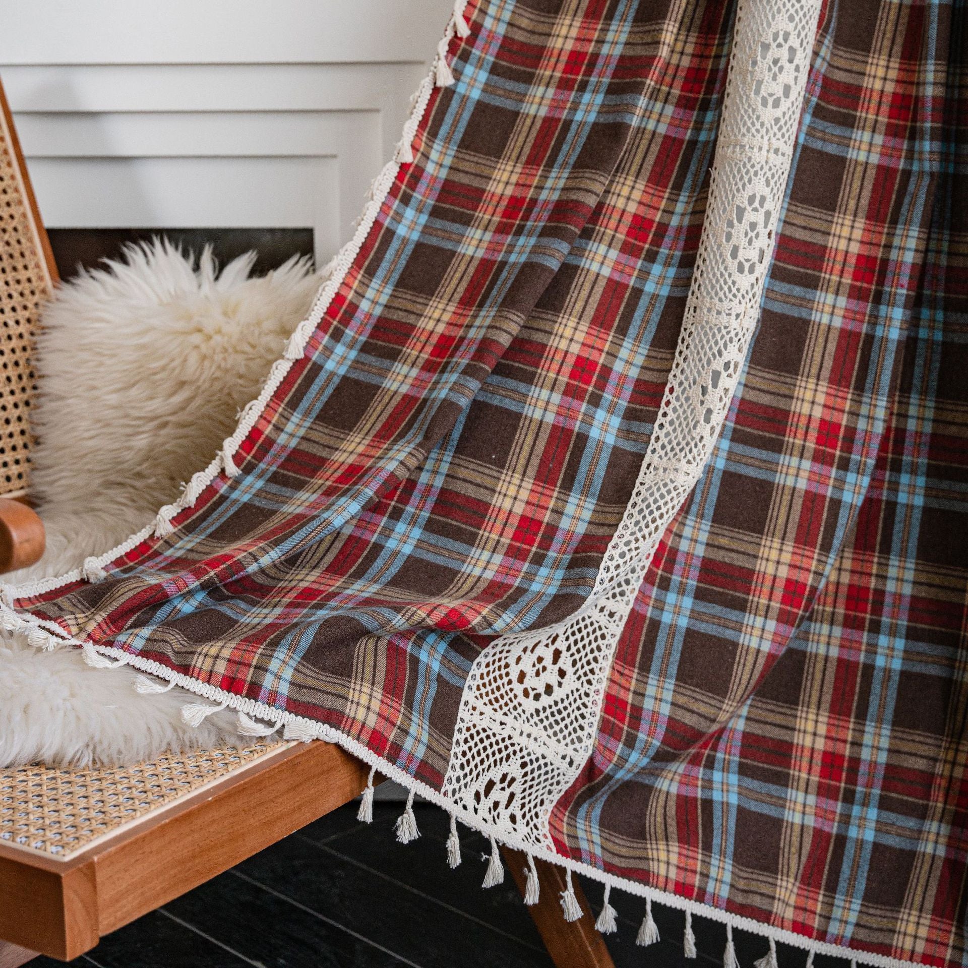 Curtain Green Plaid Stitching Yarn-dyed American Curtain Finished Kitchen Curtain Bay Window Curtain Semi-shading