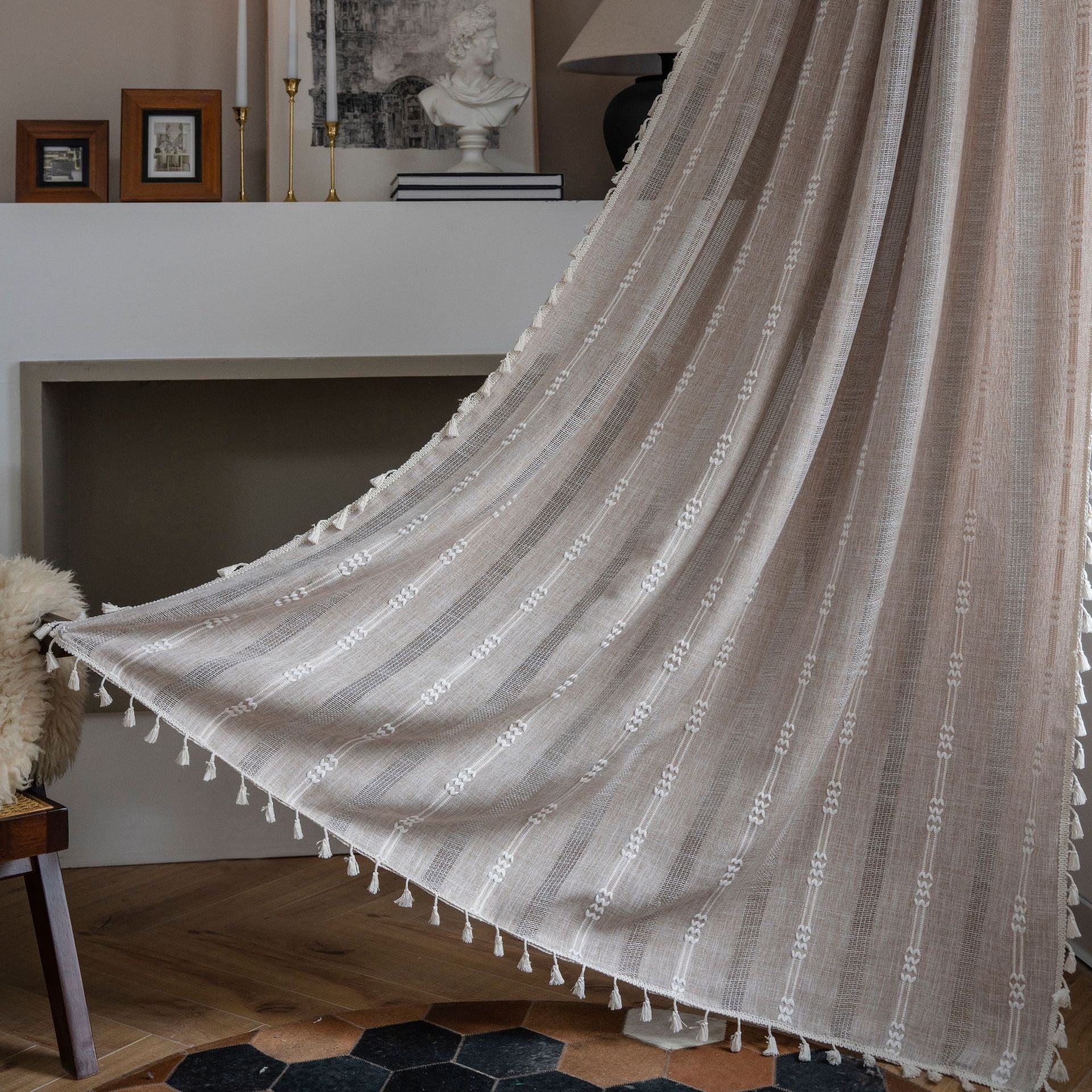 Curtain Finished White Striped Embroidered Curtain Semi-Shading Curtain Hollow Curtain for Kitchen Living Room Window Curtain