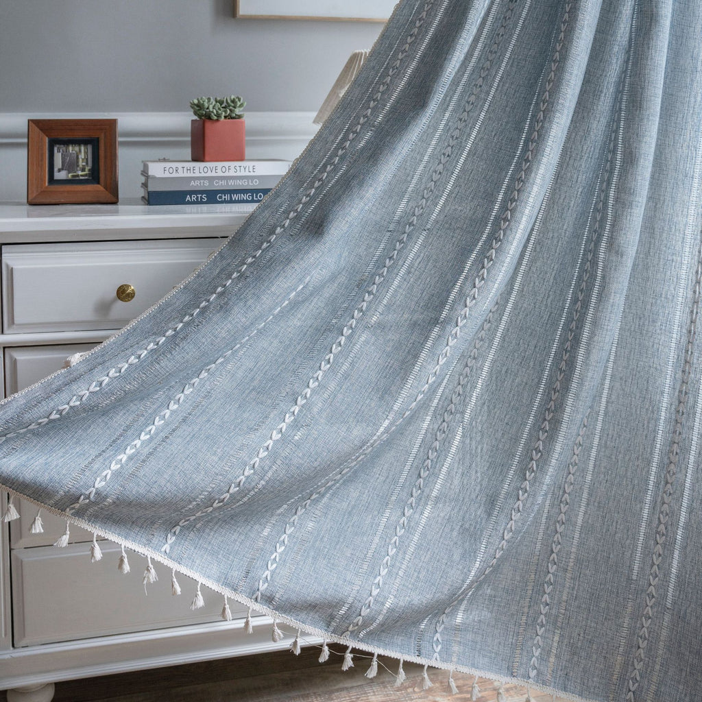 Bay Window Curtain Finished Green Contrasting Color Blocking Curtain Semi-shading Tassel Embroidered Door Curtain Bedroom Rural Style