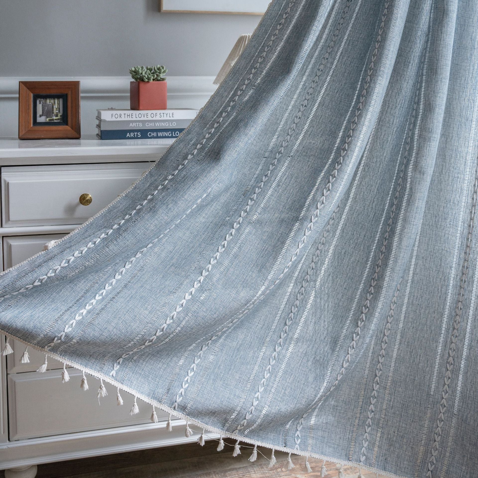 Bay Window Curtain Finished Green Contrasting Color Blocking Curtain Semi-shading Tassel Embroidered Door Curtain Bedroom Rural Style