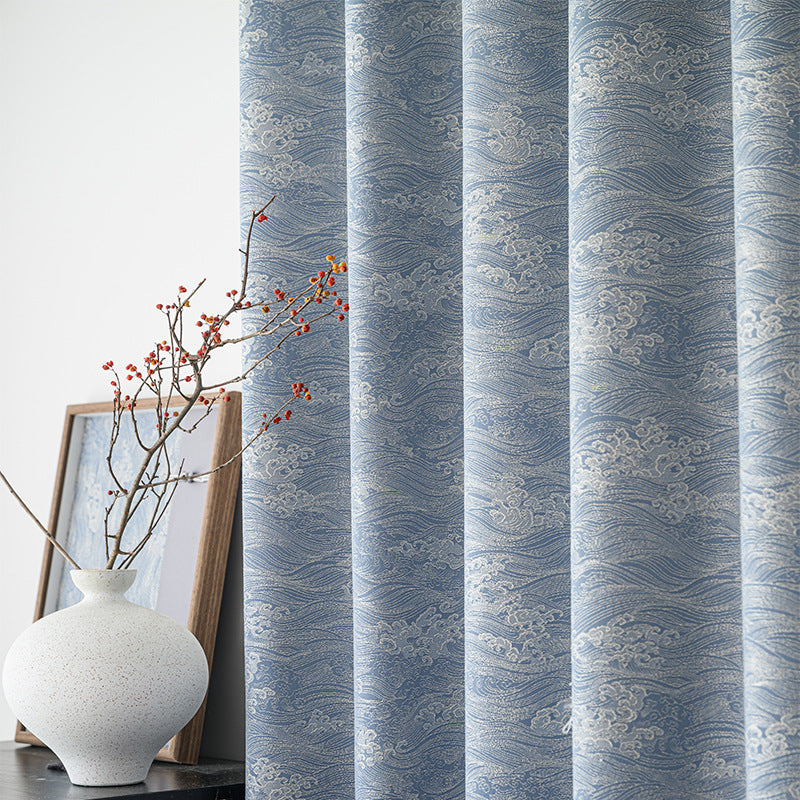 New Chinese Moire Wave Roll Texture Gray Blue High-end Living Room Bedroom Curtain High Temperature Sizing Package Installation