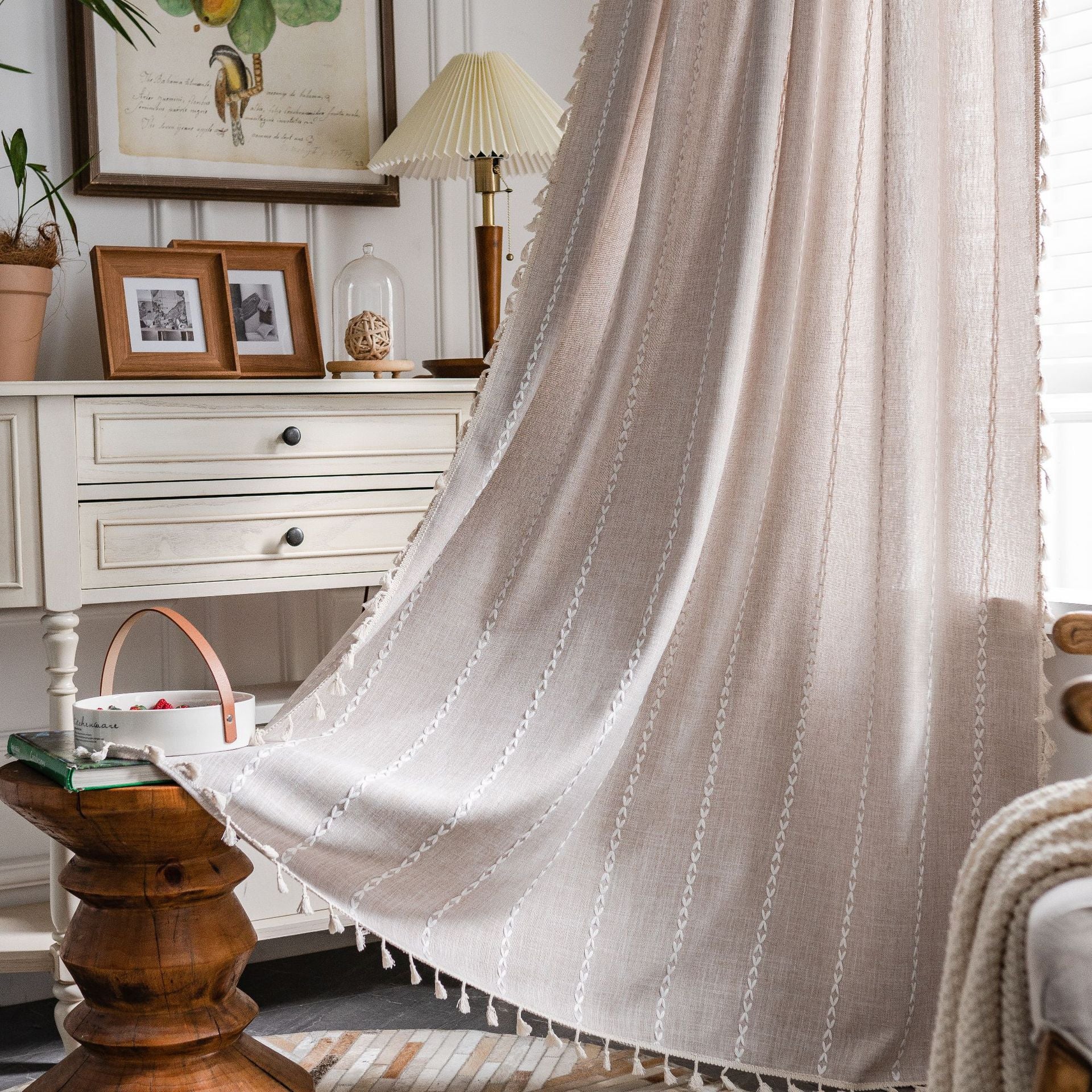 Bay Window Curtain Finished Green Contrasting Color Blocking Curtain Semi-shading Tassel Embroidered Door Curtain Bedroom Rural Style