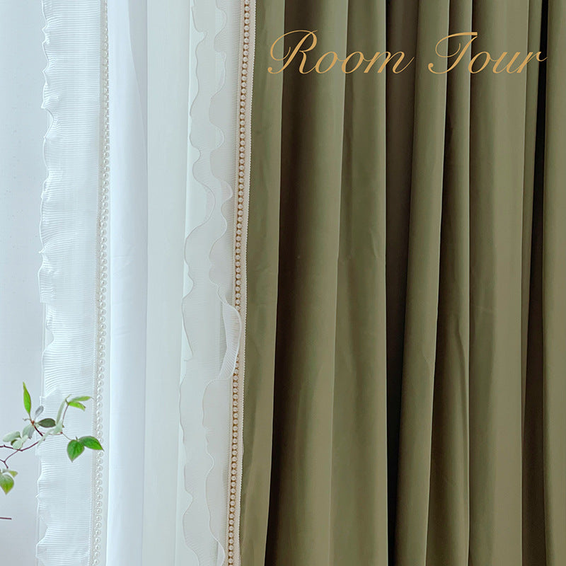 Custom French Curtain Matcha Green Australian Wool Lace Bedroom Living Room Shading Curtain Finished Cloth Curtain