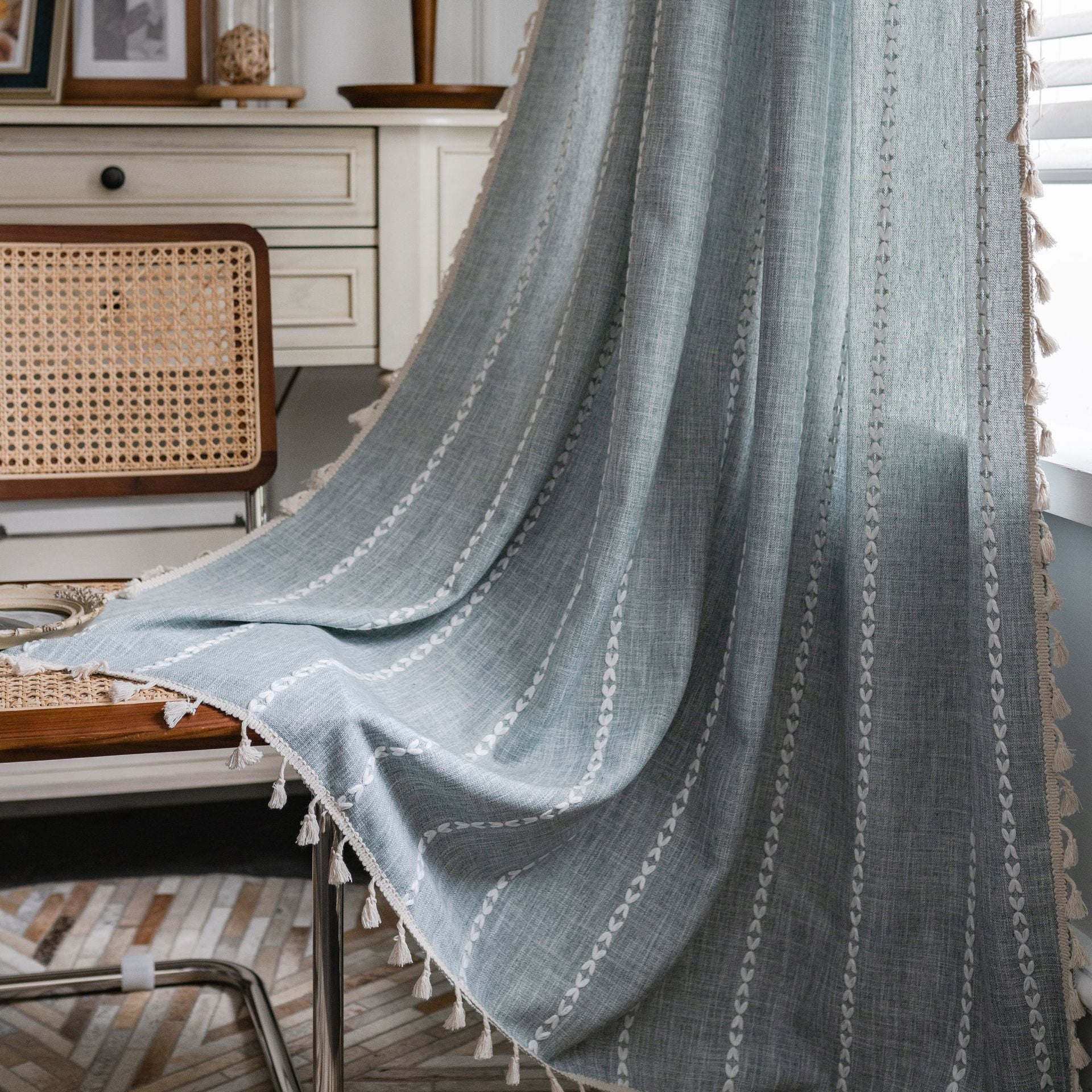 Bay Window Curtain Finished Green Contrasting Color Blocking Curtain Semi-shading Tassel Embroidered Door Curtain Bedroom Rural Style