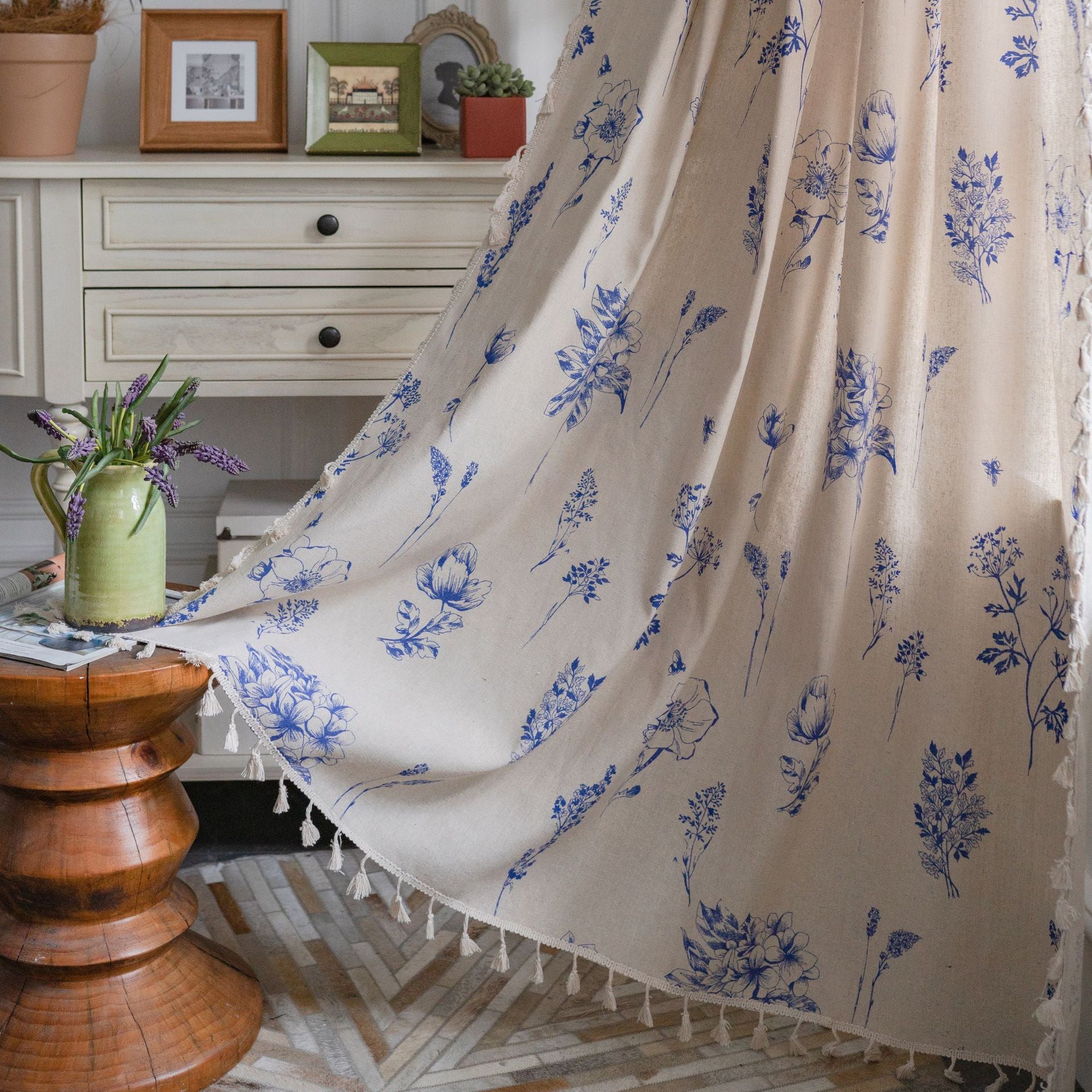 Curtain Shades Grey Flower Print Curtain Finished Black Tassel Pastoral Kitchen Curtain Floating Window Curtain