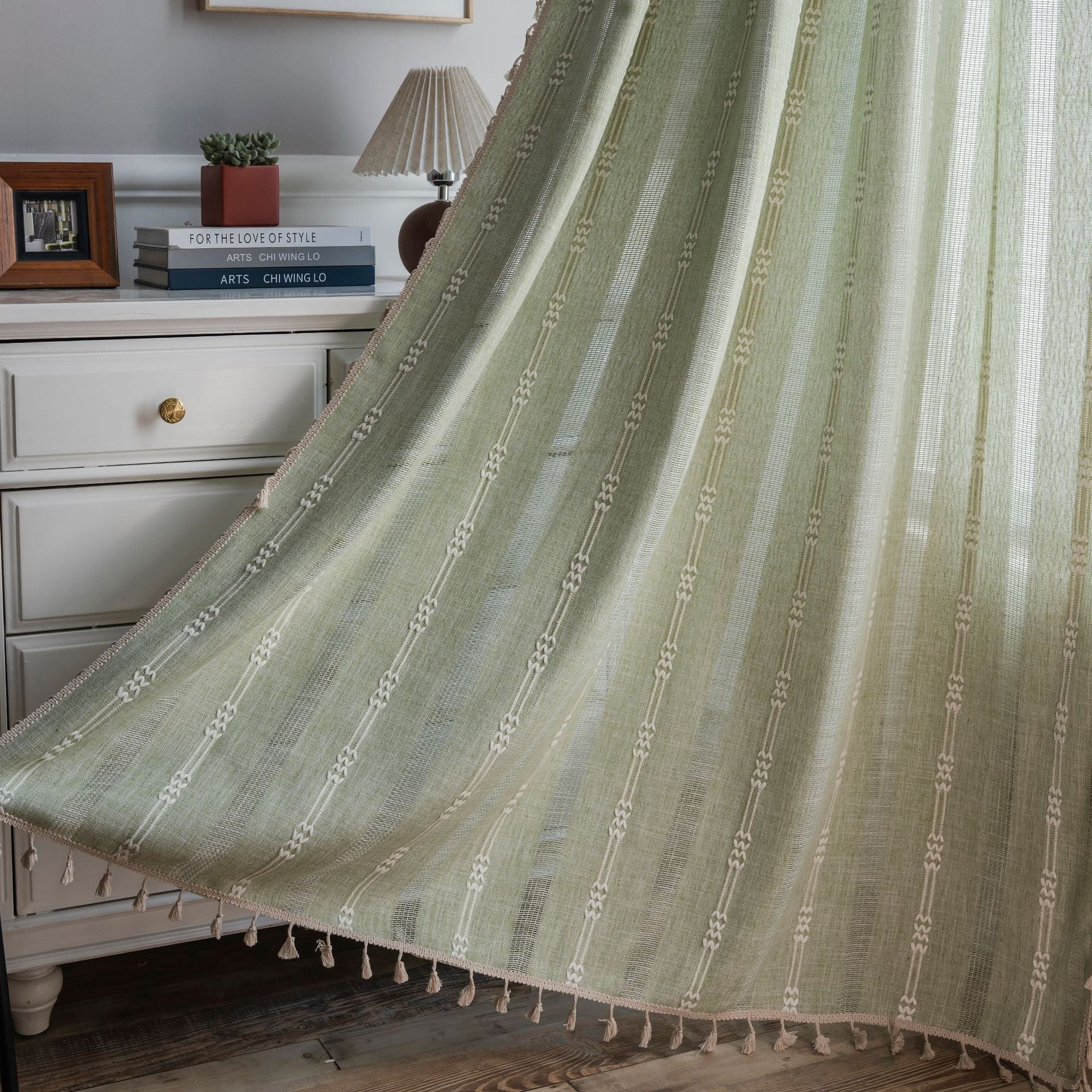 Curtain Finished White Striped Embroidered Curtain Semi-Shading Curtain Hollow Curtain for Kitchen Living Room Window Curtain