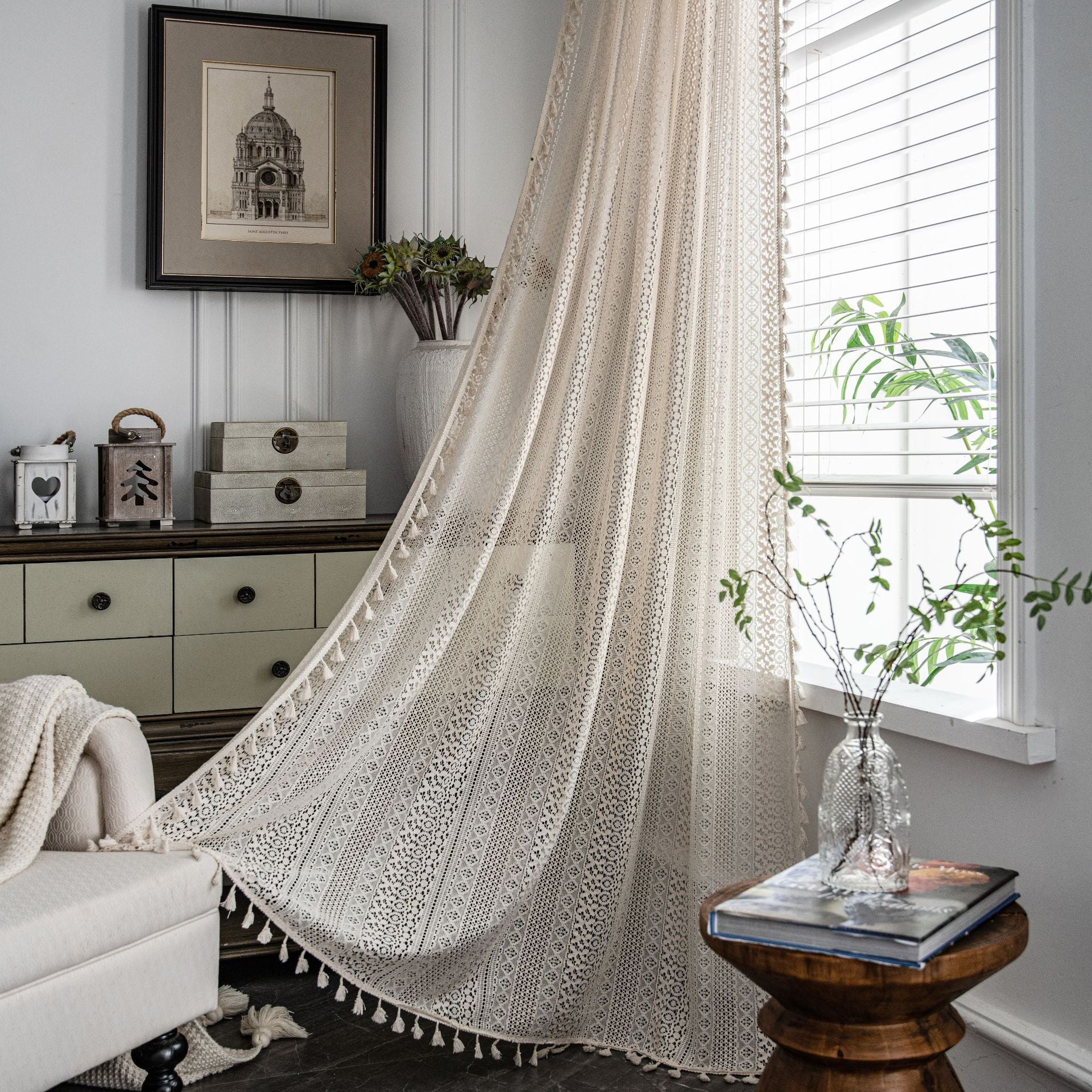 Curtain piece Beige Crochet Light Transmission American Country Hollow Living Room Balcony Bedroom Bay Window Art