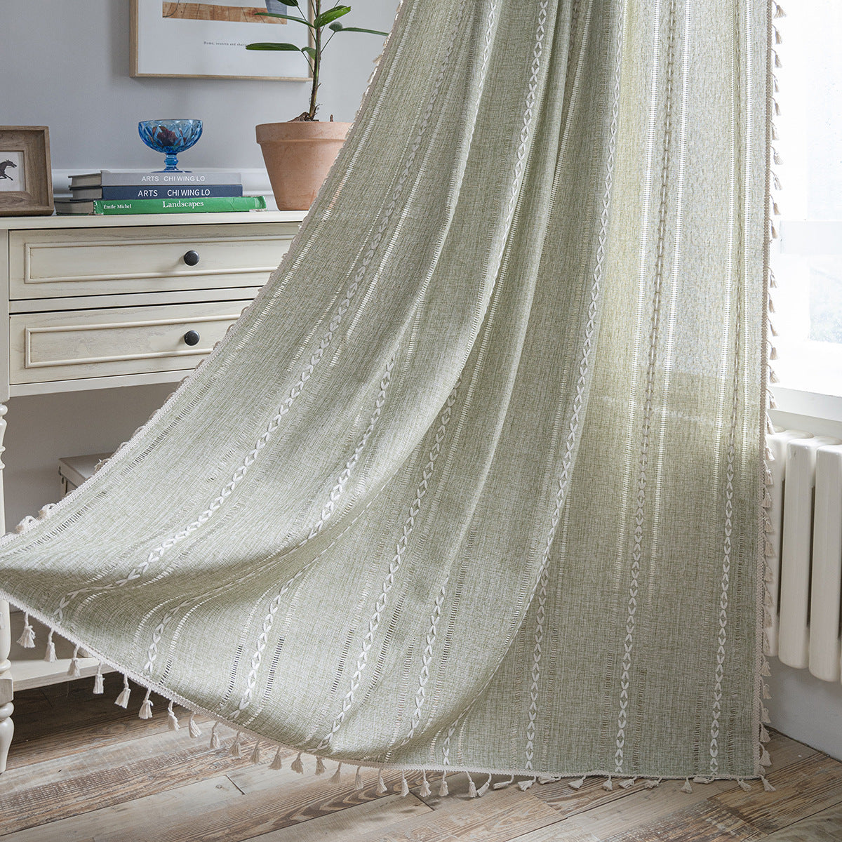 Curtain Finished White Striped Embroidered Curtain Semi-Shading Curtain Hollow Curtain for Kitchen Living Room Window Curtain