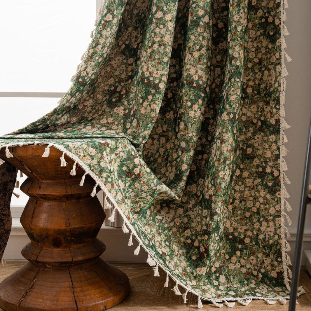 French Curtain Retro Style Thickened Green Floral Curtain Finished Semi-Shaded Green Monet Oil Painting