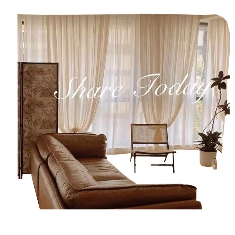 French double-layer cream color linen yarn balcony living room curtain semi-shading transparent gauze curtain floor window