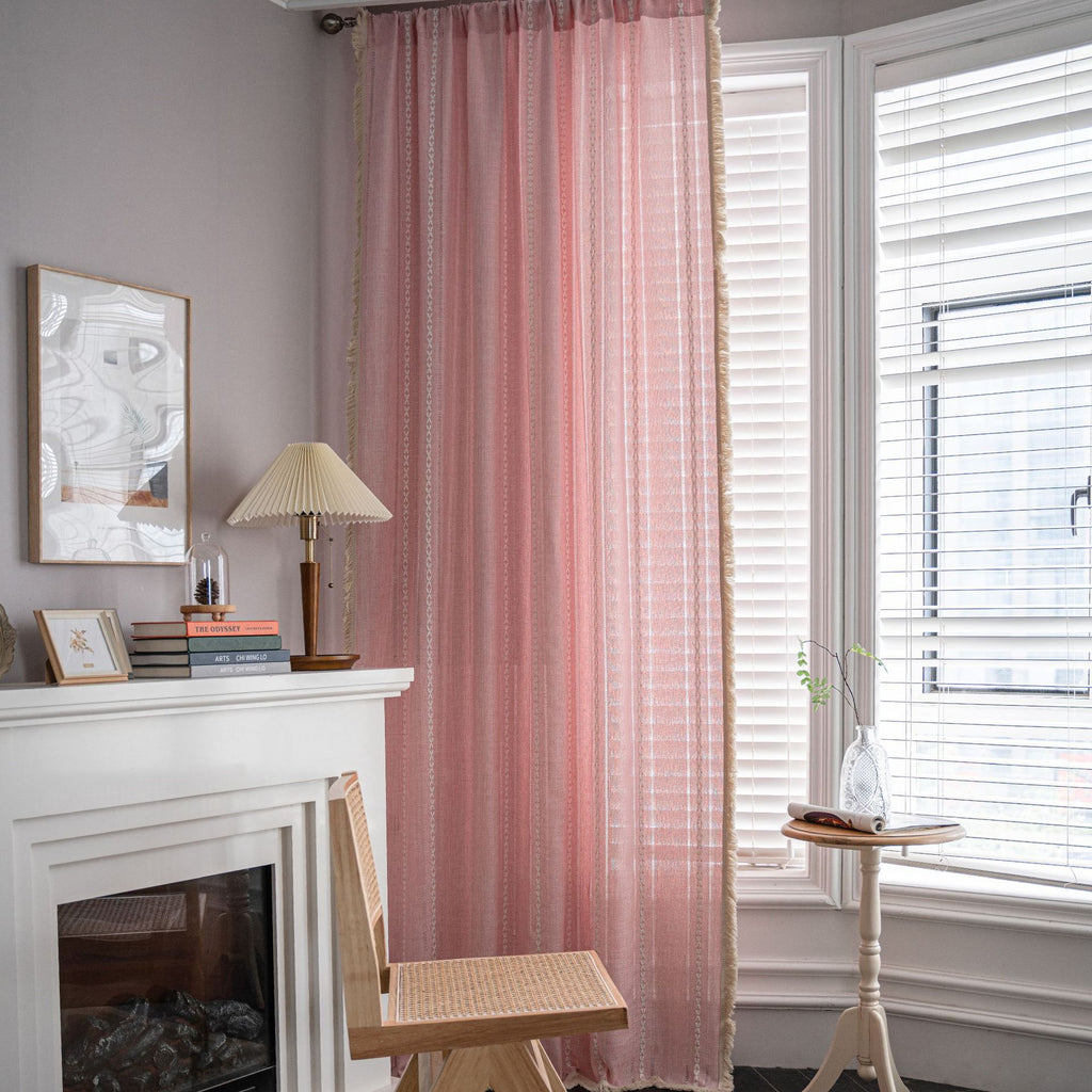 Bay Window Curtain Finished Green Contrasting Color Blocking Curtain Semi-shading Tassel Embroidered Door Curtain Bedroom Rural Style