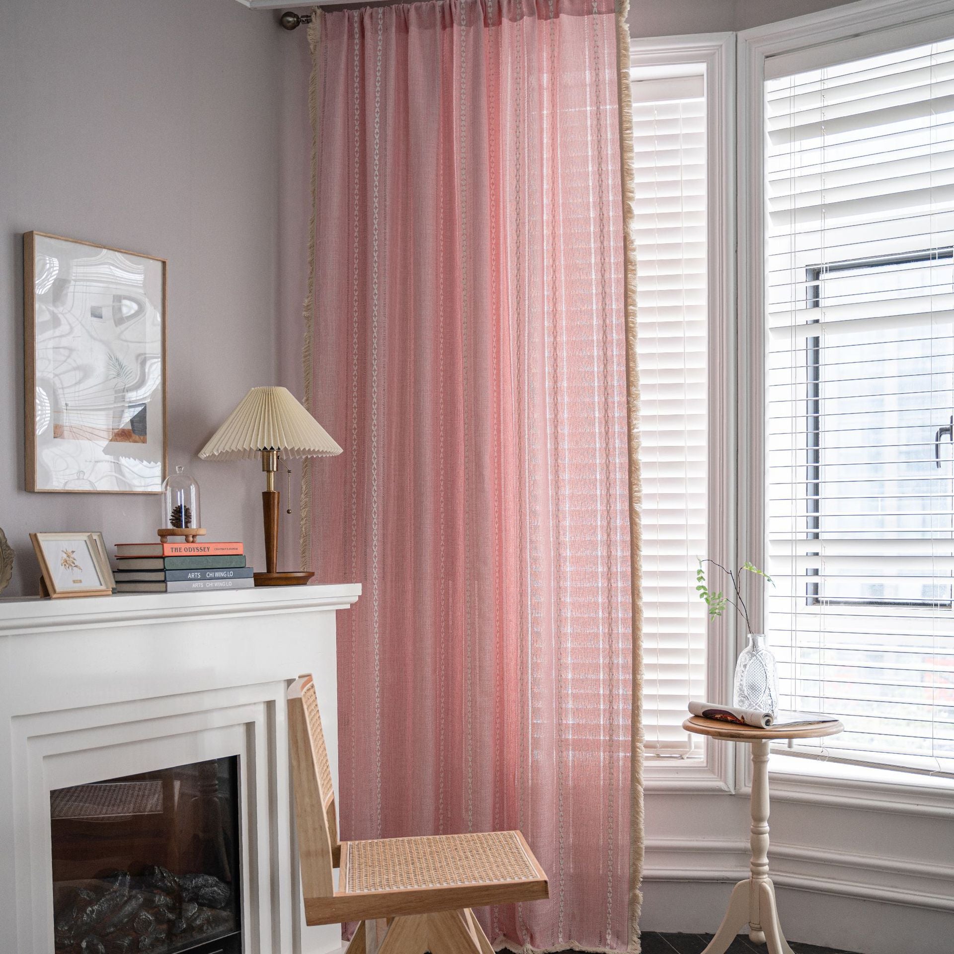 Bay Window Curtain Finished Green Contrasting Color Blocking Curtain Semi-shading Tassel Embroidered Door Curtain Bedroom Rural Style