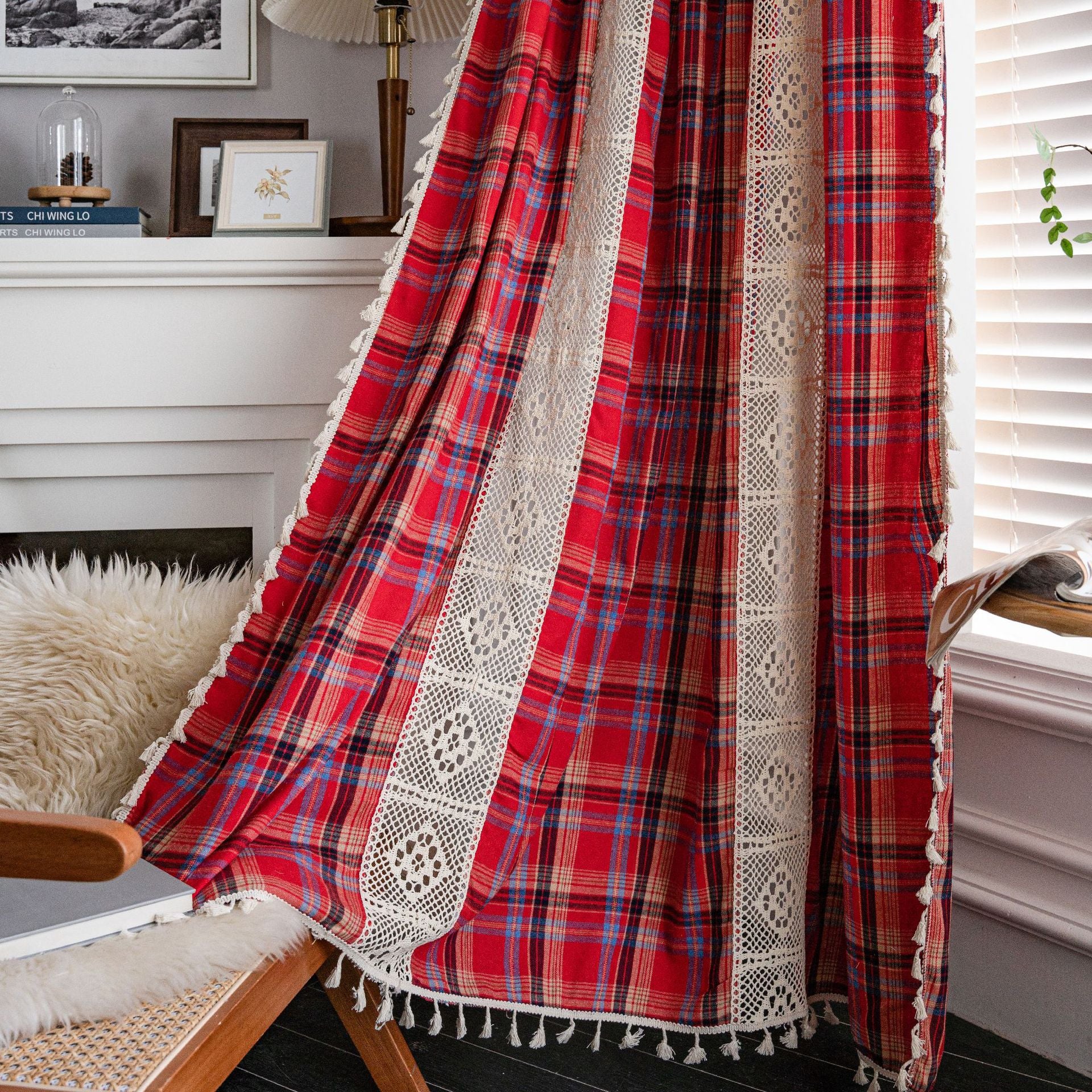 Curtain Green Plaid Stitching Yarn-dyed American Curtain Finished Kitchen Curtain Bay Window Curtain Semi-shading