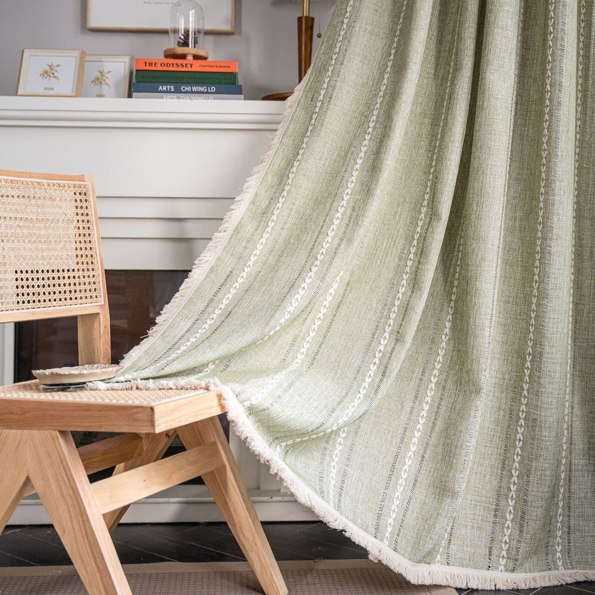 Bay Window Curtain Finished Green Contrasting Color Blocking Curtain Semi-shading Tassel Embroidered Door Curtain Bedroom Rural Style