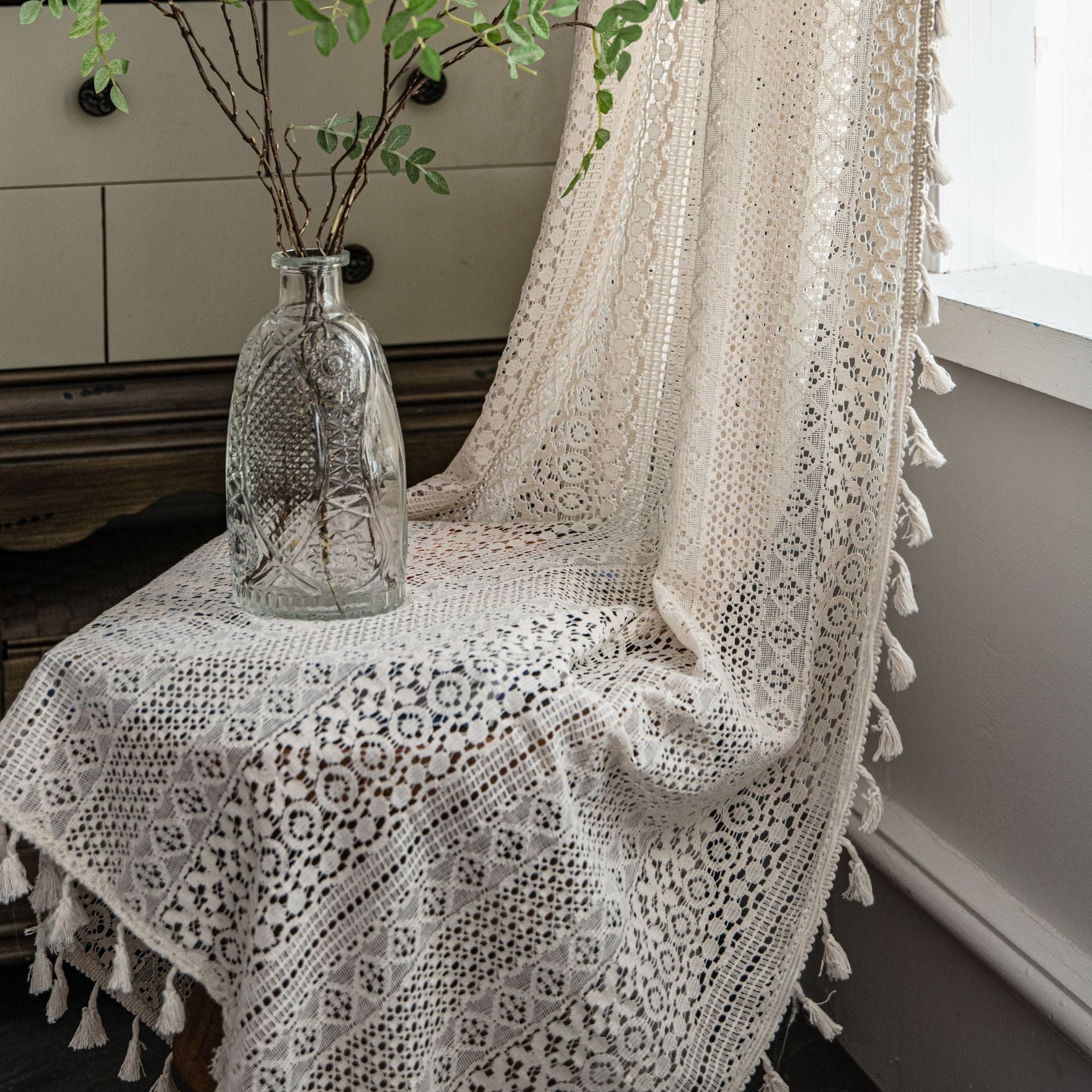 Curtain piece Beige Crochet Light Transmission American Country Hollow Living Room Balcony Bedroom Bay Window Art