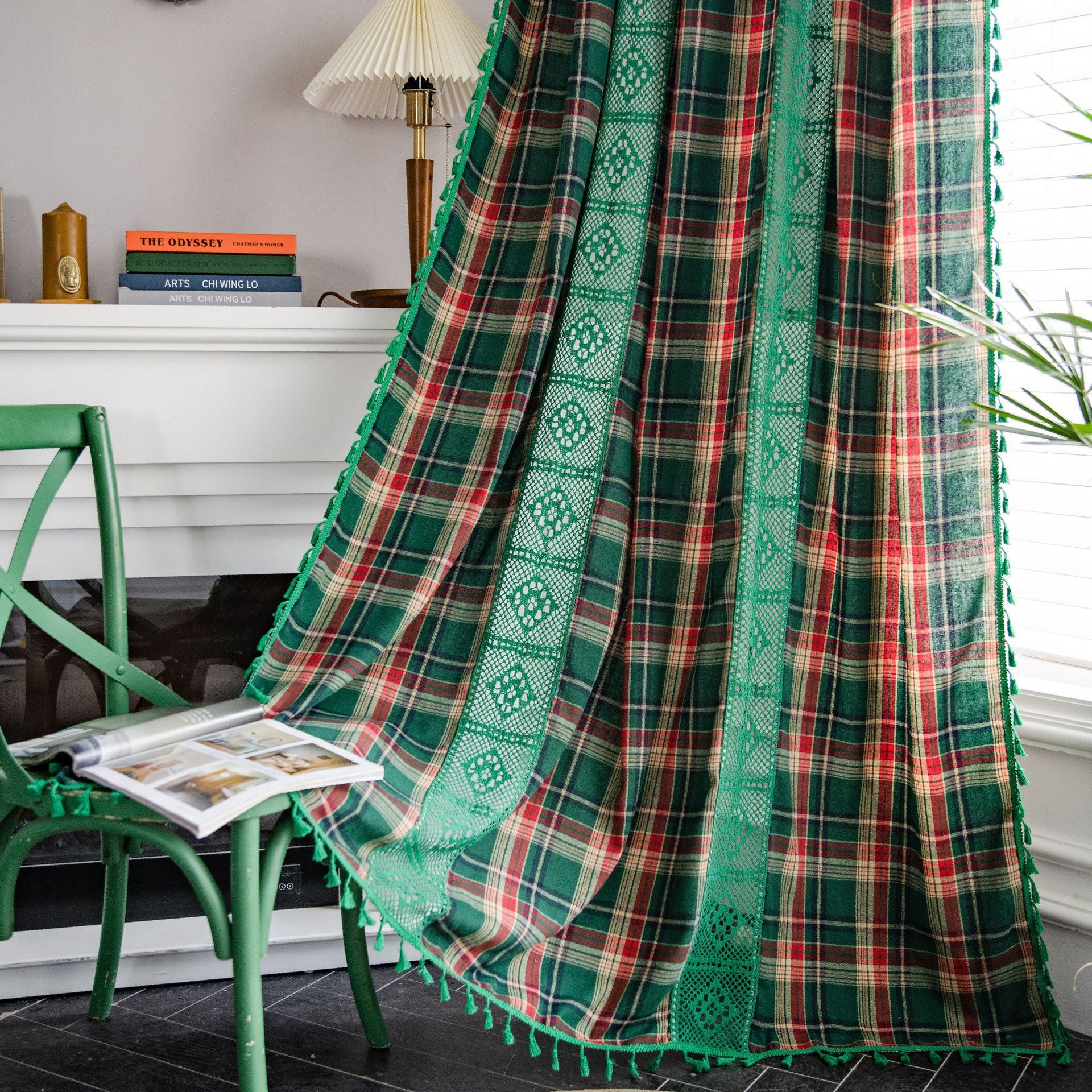 Curtain Green Plaid Stitching Yarn-dyed American Curtain Finished Kitchen Curtain Bay Window Curtain Semi-shading