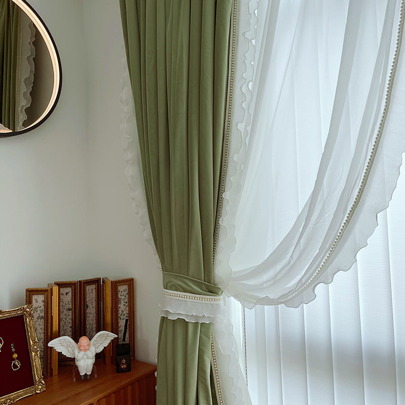 Custom French Curtain Matcha Green Australian Wool Lace Bedroom Living Room Shading Curtain Finished Cloth Curtain