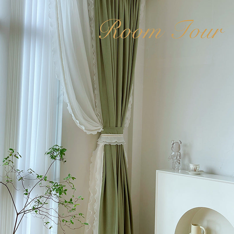 Custom French Curtain Matcha Green Australian Wool Lace Bedroom Living Room Shading Curtain Finished Cloth Curtain
