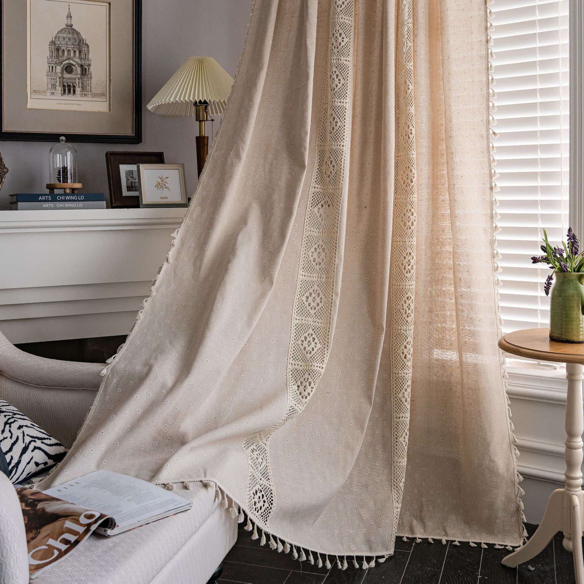 Curtain country style Curtain Finished Printed Hollow Stitching American Style Kitchen Curtain Semi-Shading Curtain Tassel