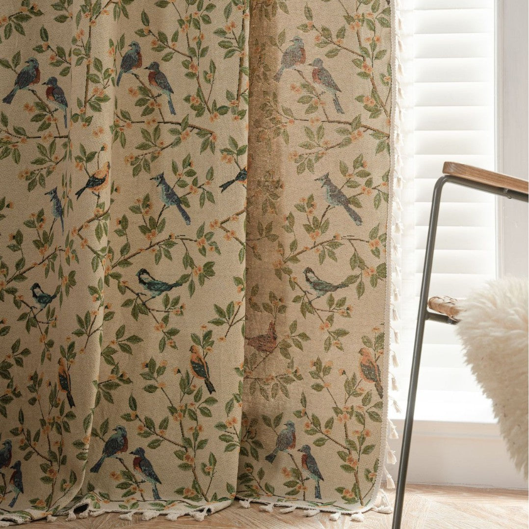 Jacquard Flower Bird Graphic Curtain for Kitchen Semi-Shaded Bay Window Treatment Factory Direct Supply