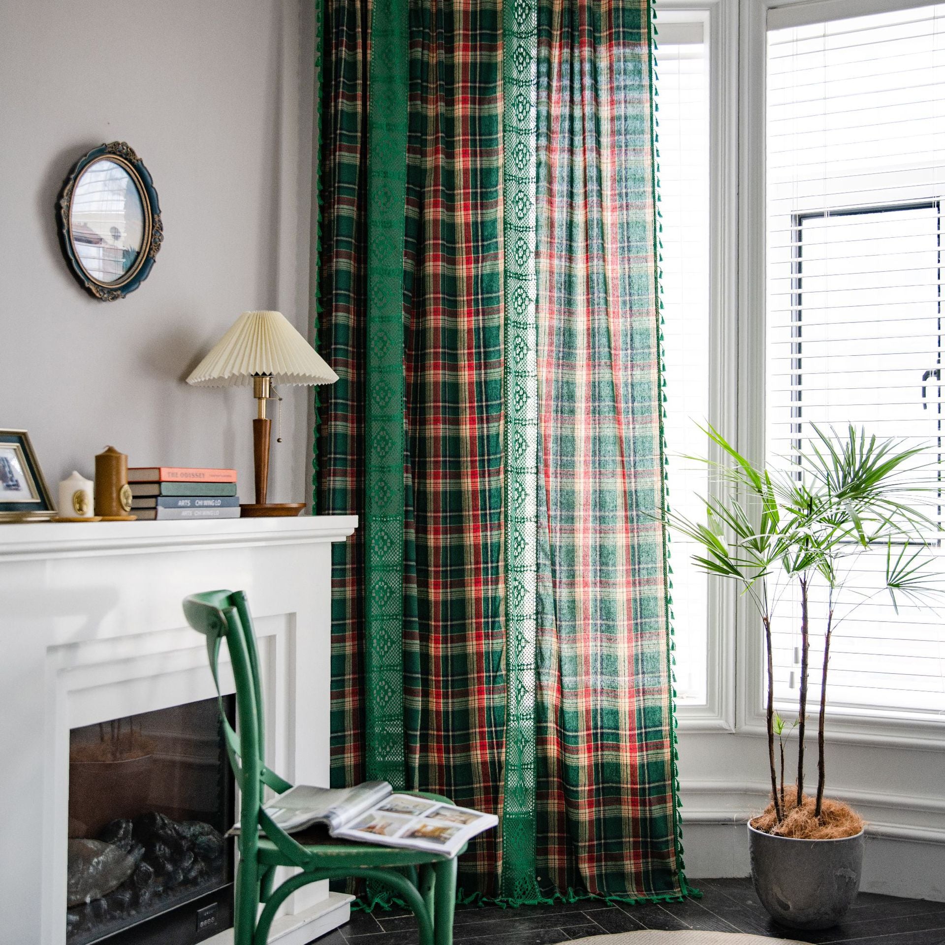 Curtain Green Plaid Stitching Yarn-dyed American Curtain Finished Kitchen Curtain Bay Window Curtain Semi-shading
