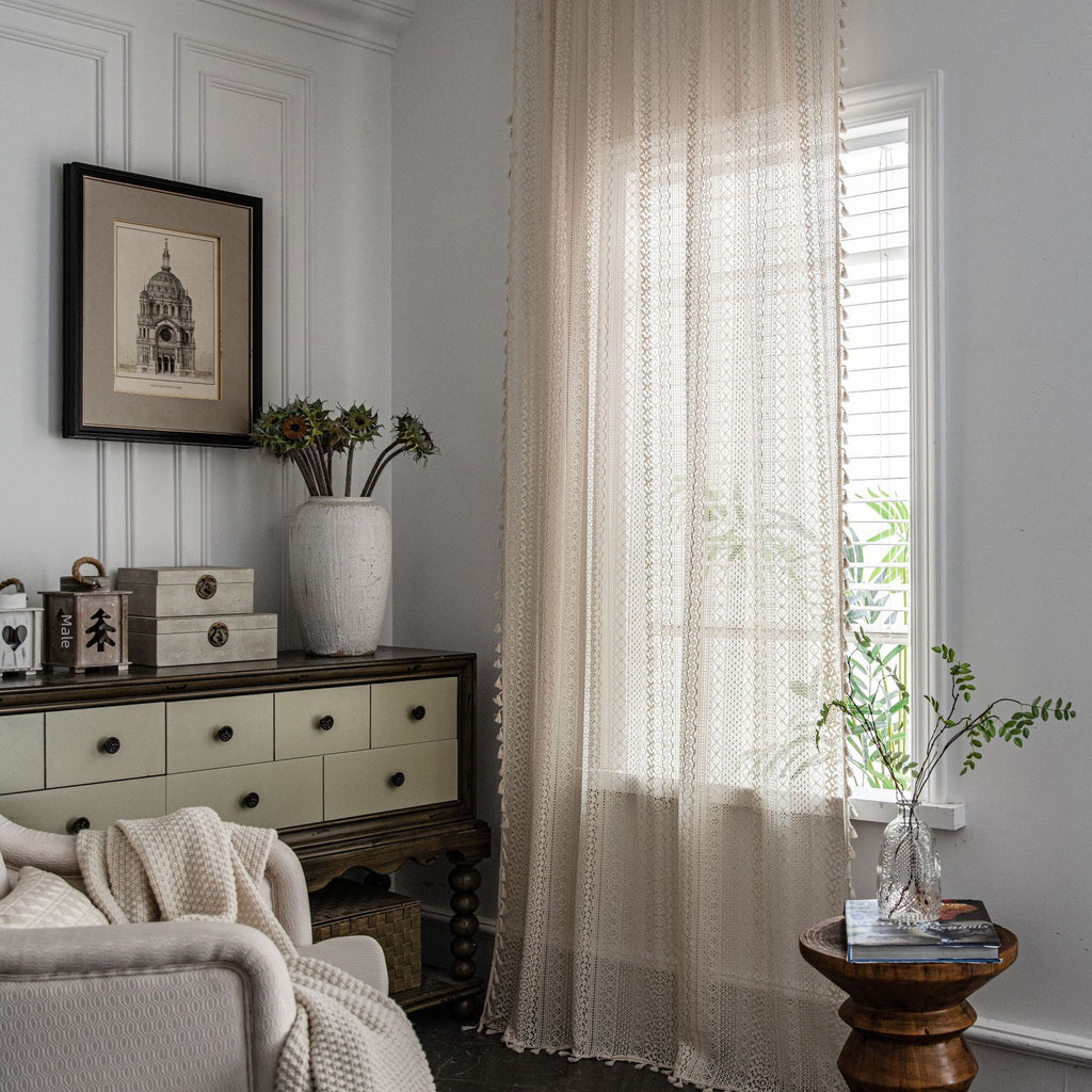 Curtain piece Beige Crochet Light Transmission American Country Hollow Living Room Balcony Bedroom Bay Window Art