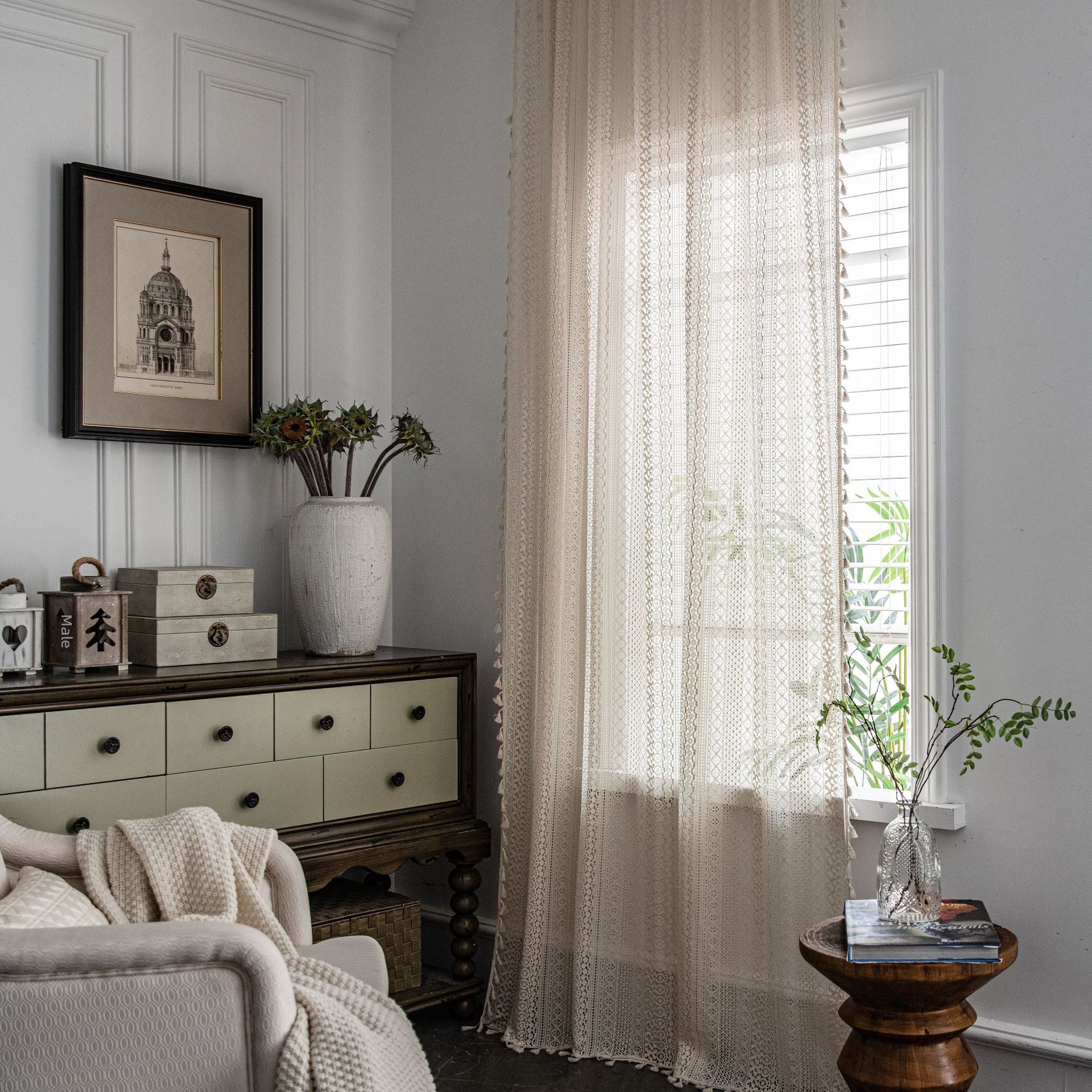 Curtain piece Beige Crochet Light Transmission American Country Hollow Living Room Balcony Bedroom Bay Window Art
