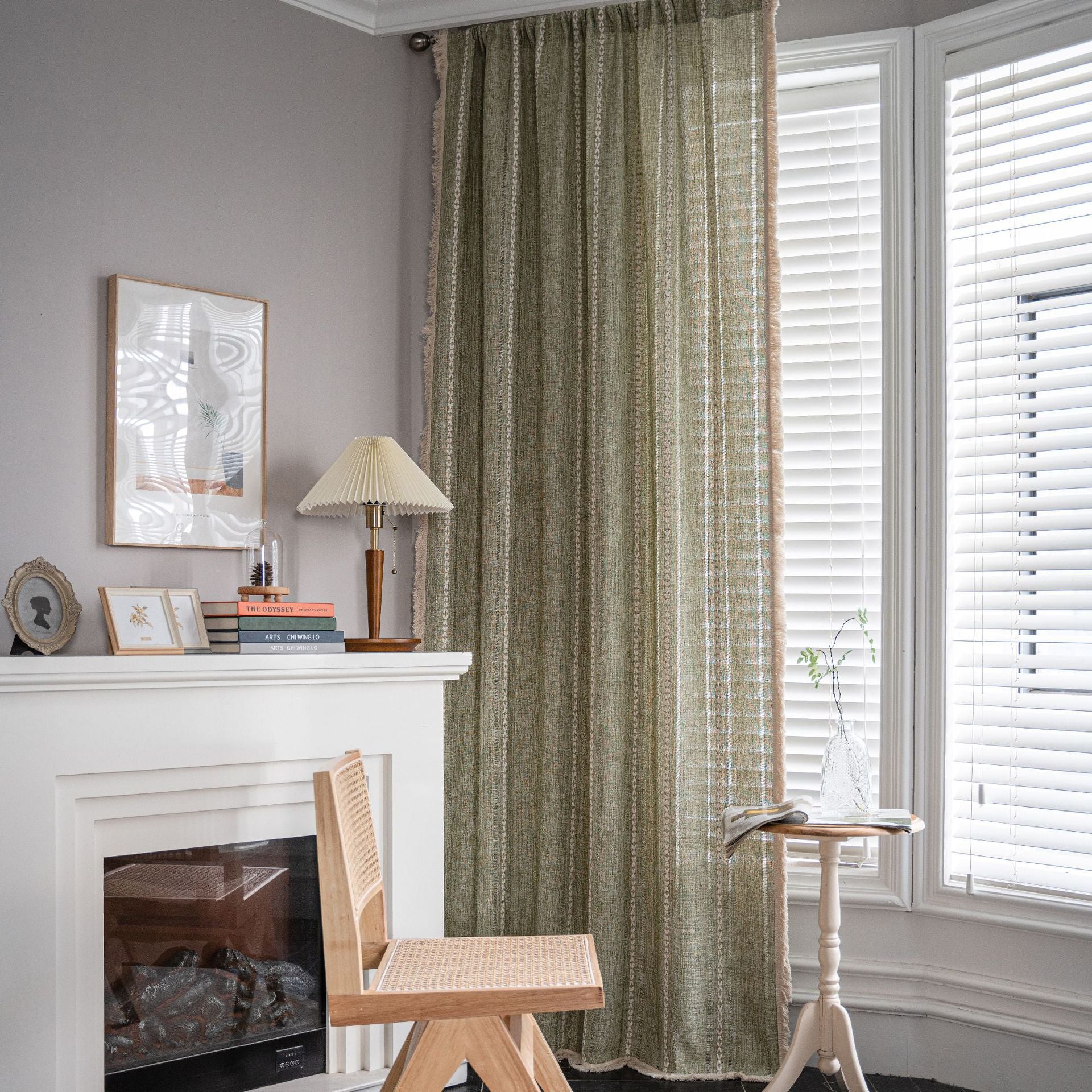 Bay Window Curtain Finished Green Contrasting Color Blocking Curtain Semi-shading Tassel Embroidered Door Curtain Bedroom Rural Style