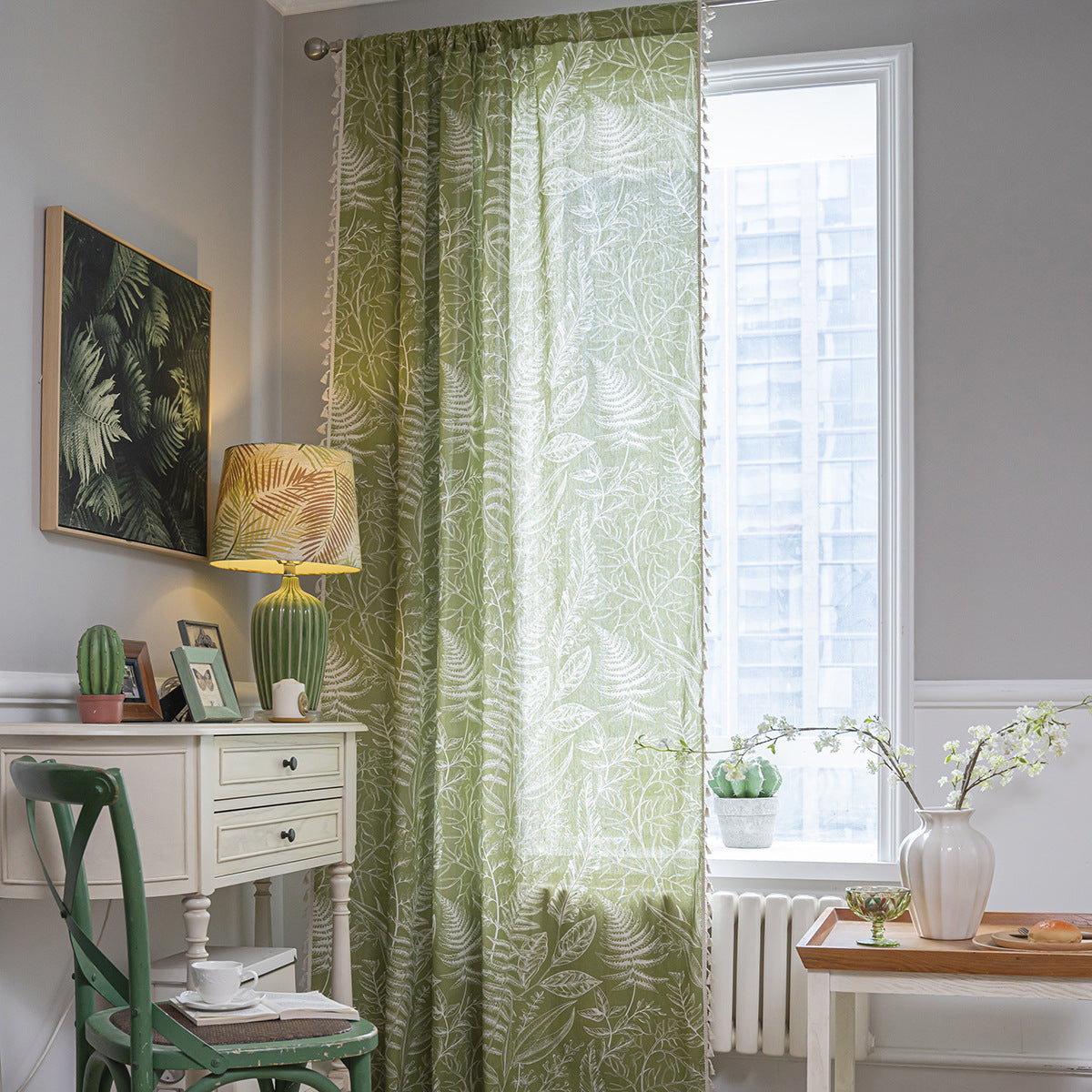 Curtain shades Finished Green Leaf Semi-shading Kitchen Curtain Partition Curtain Floating Window Transparent Factory Direct Supply