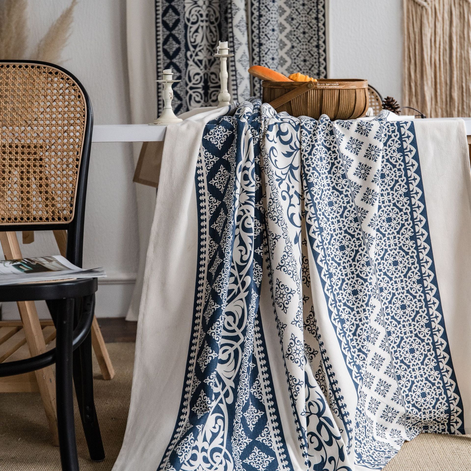 Curtain Finished Cotton and Linen Printed Blue and White Porcelain Home Stay Curtain Semi-Shaded Kitchen Bay Window Factory Direct Supply