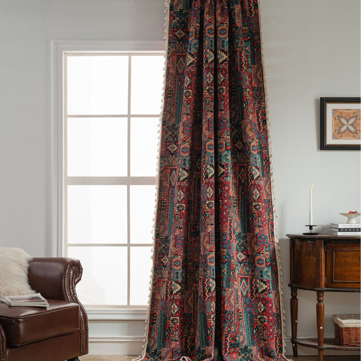 Geometric Contrast Jacquard Curtain Semi-Shading Finished Kitchen Window Treatment Floating Style Direct Supply