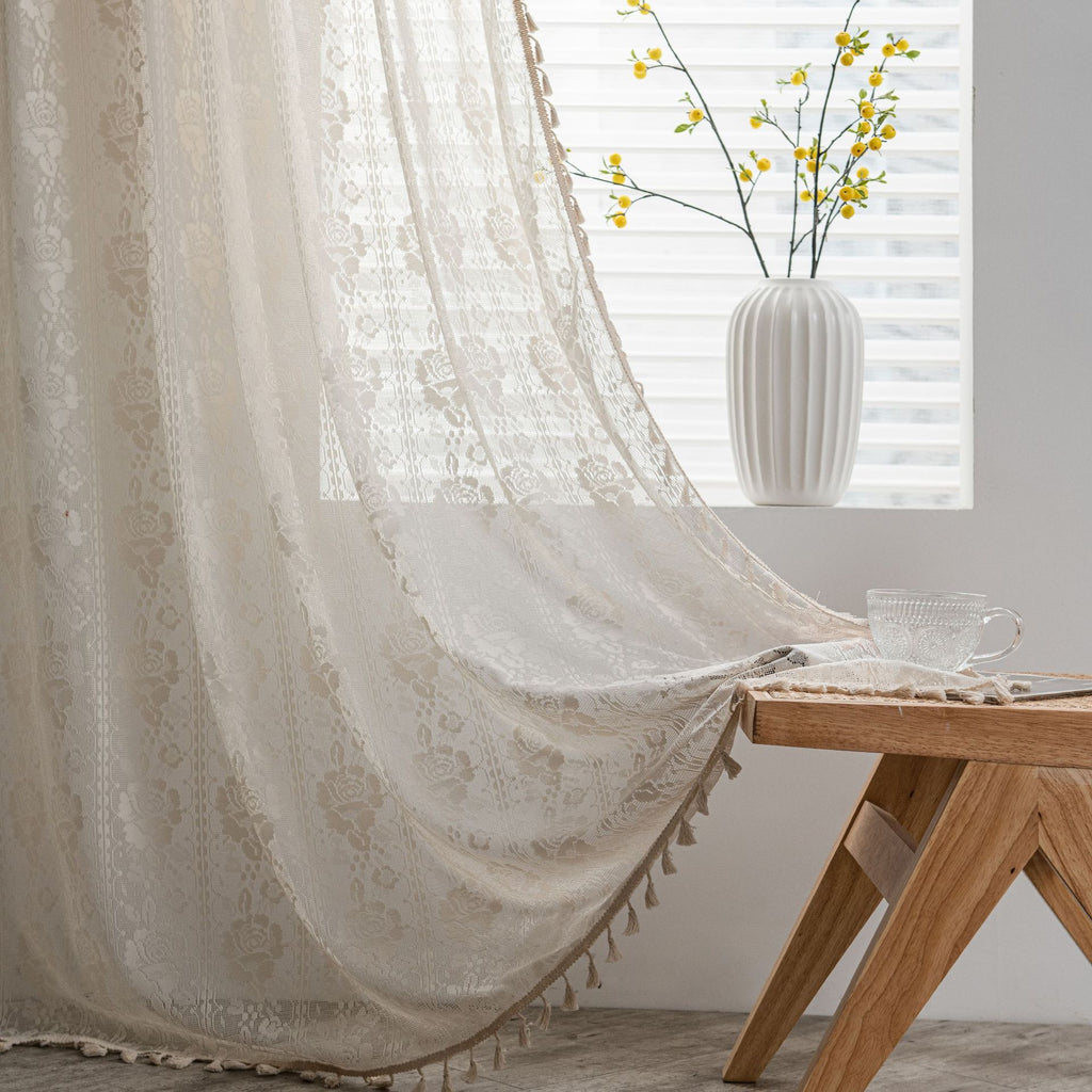 Curtain piece Beige Crochet Light Transmission American Country Hollow Living Room Balcony Bedroom Bay Window Art